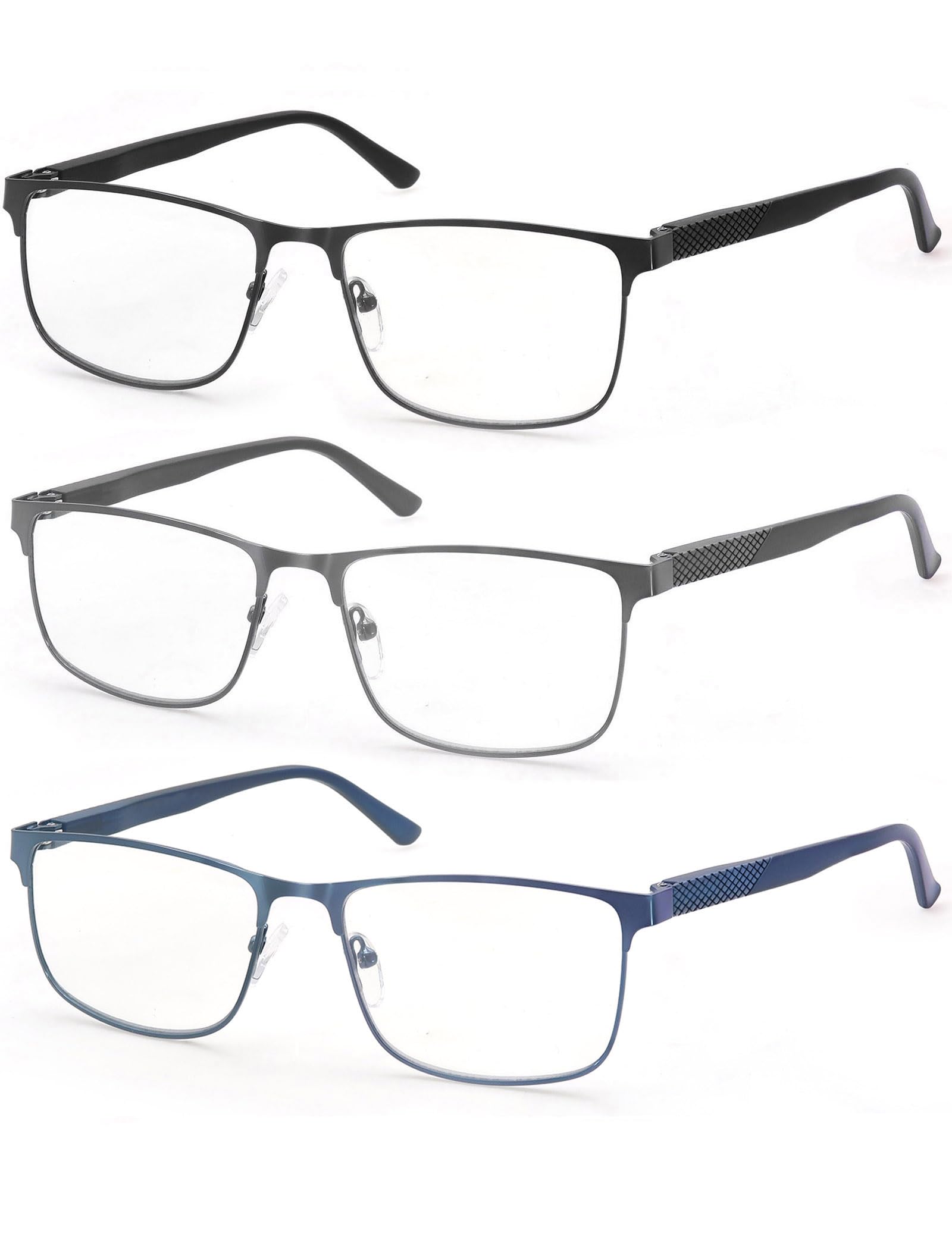 Blue Light Blocking Reading Glasses for Men - 3 Pack Square Metal Frame Readers with Spring Hinge | Anti Blue Ray Computer Glasses for Office Work, Gaming & Night Reading