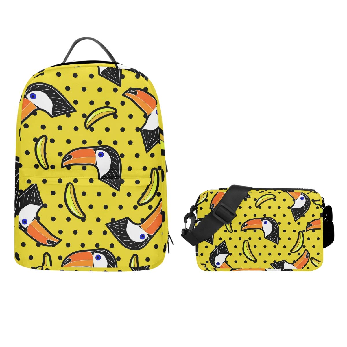 Tropical Toucan Banana Print Backpack - 2-in-1 Convertible Daypack & Crossbody Bag for Travel, School & College | Waterproof Laptop Backpack with Shoulder Strap | Cute Polka Dot Design for Women & Teens