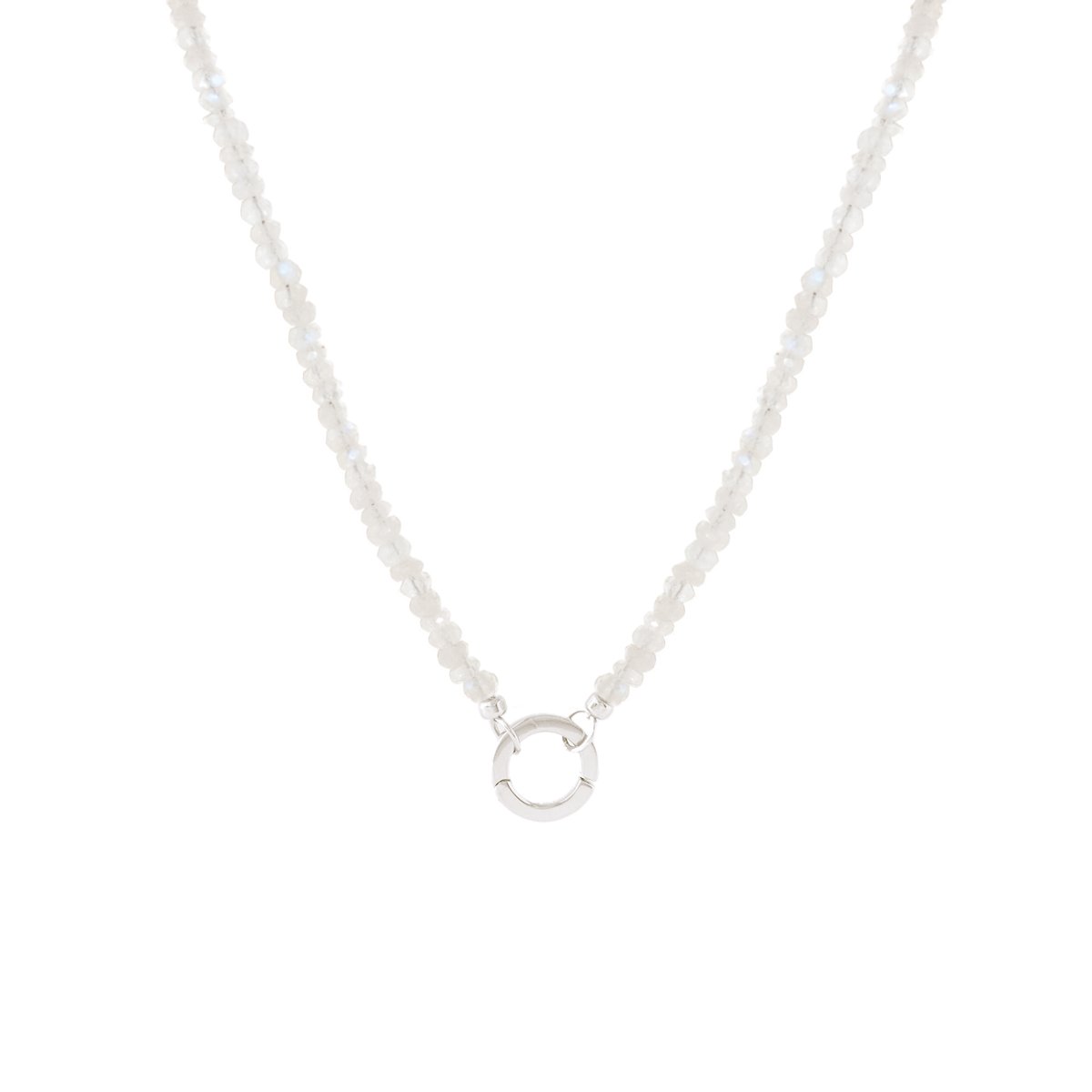 Rainbow Moonstone & Silver Beaded Open-Ended Necklace with Round Connector - Elegant Boho Jewelry for Women, Perfect for Parties, Weddings & Everyday Wear