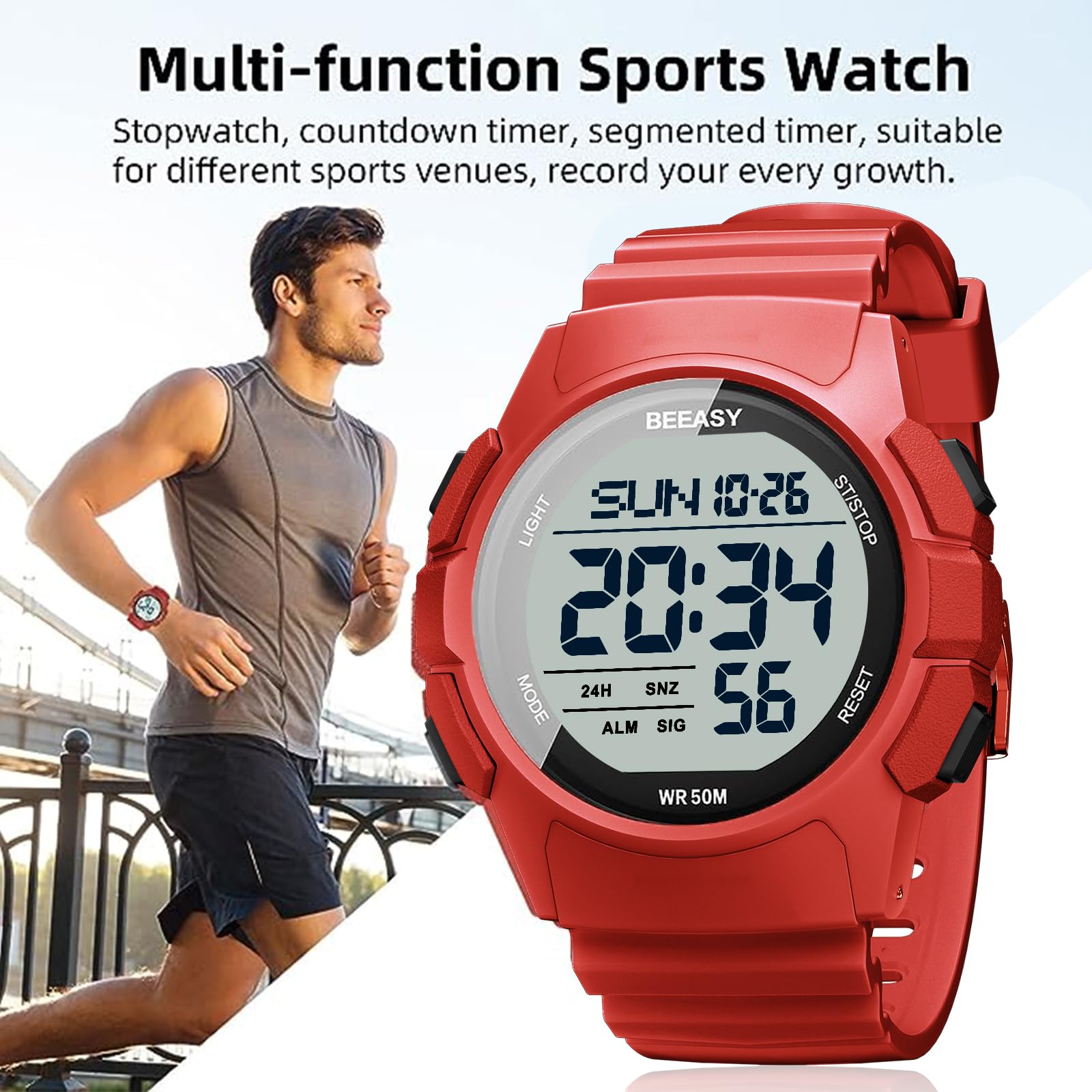 Beeasy Men's Digital Sports Watch - Waterproof, Stopwatch, Countdown Timer, Alarm, Dual Time - Durable Rubber Strap Wristwatch for Men & Students | Perfect for Running, Swimming, Gym & Outdoor Activities