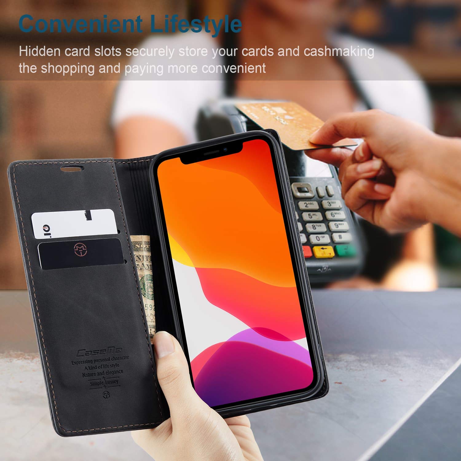 Premium Leather Wallet Case for iPhone 12/12 Pro - Slim Folding Flip Cover with RFID Blocking Card Slots & Magnetic Closure | Perfect for Daily Use, Travel & Business (Black)