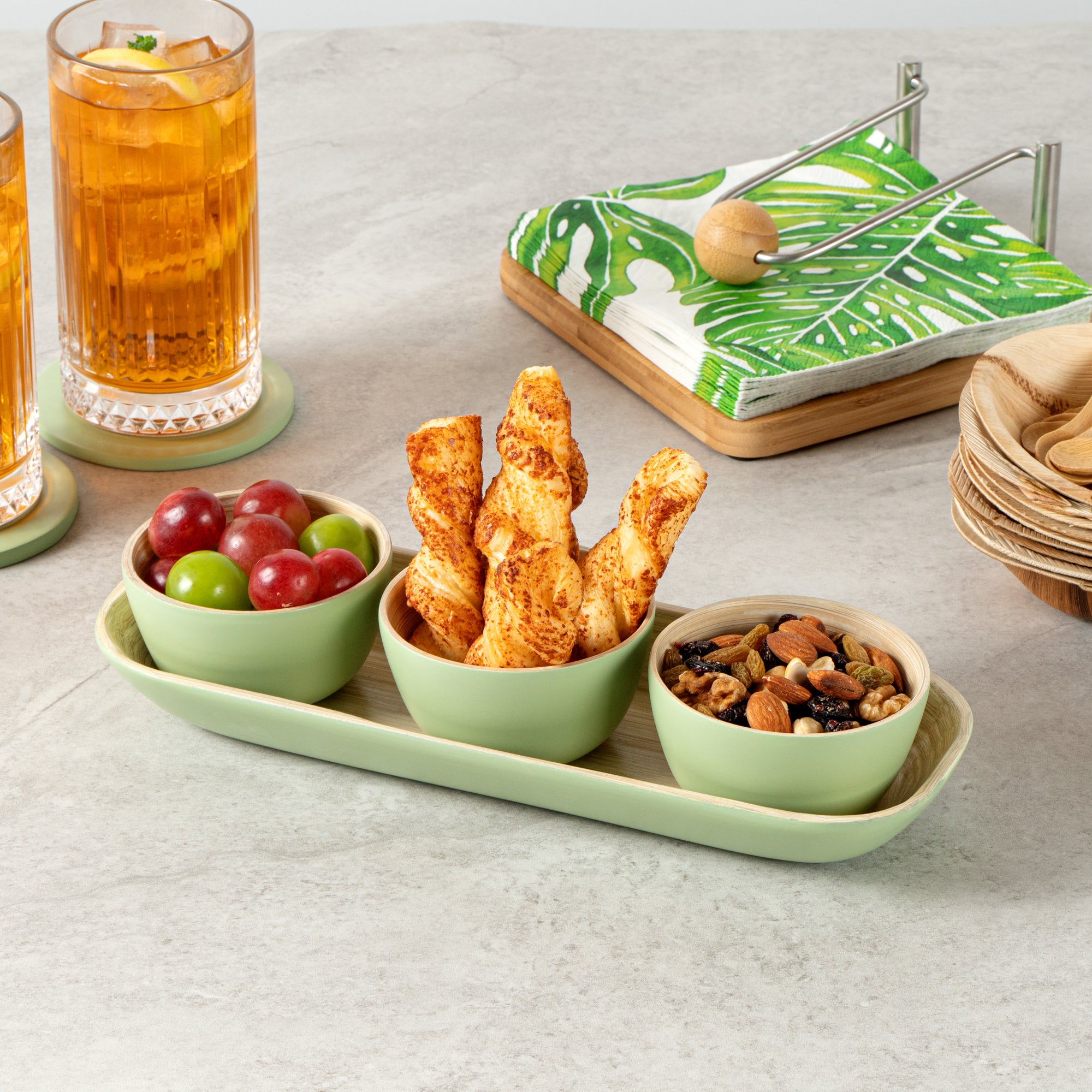 Eco-Friendly Bamboo Bowl Set with Tray - 3 Piece Reusable Dinnerware, 11.75