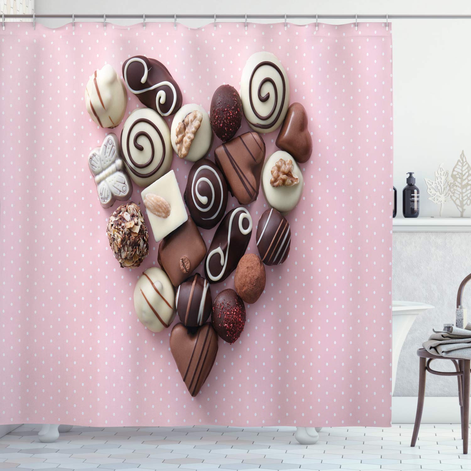 Ambesonne Chocolate Shower Curtain - Valentine's Day Heart Candy Design on Pink Background, 69x70 Inch Fabric Bathroom Decor with Hooks | Perfect for Romantic Bathrooms, Couples' Gift & Valentine's Decor