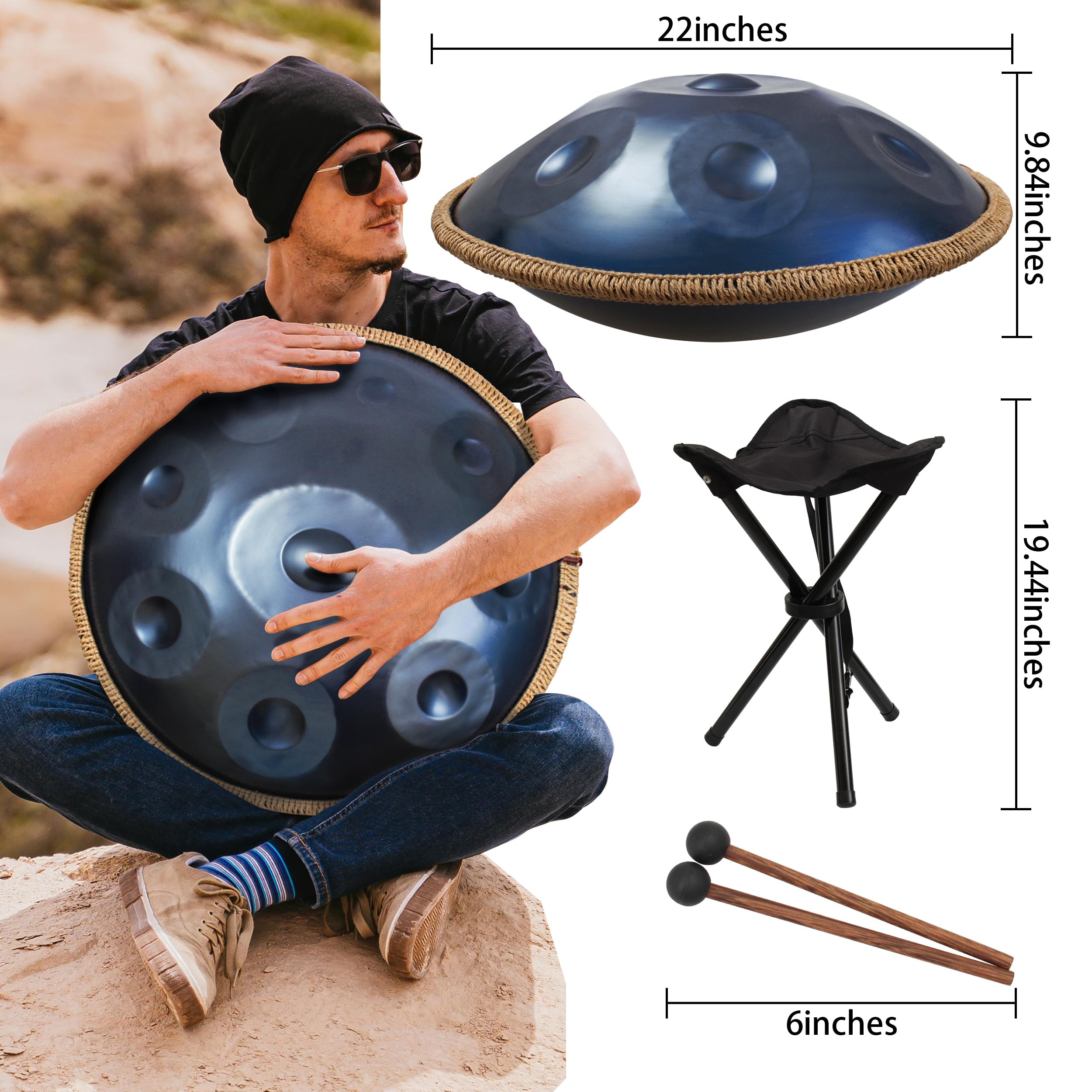 22 Inch D Minor Kurd 9 Notes Handpan Drum - 440Hz Steel Tongue Drum for Beginners, Music Therapy & Meditation | Perfect for Yoga, Sound Healing & Outdoor Performances (Blue)