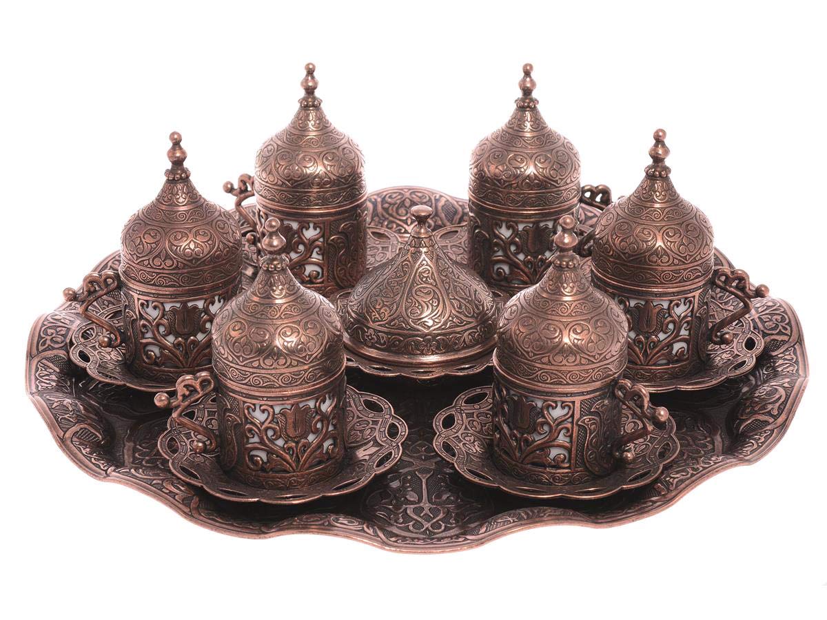 Premium 6-Piece Turkish Coffee Cup Set with Saucers & Lids - Ottoman Tulip Design (Copper/Lale/Multi-Color) - Perfect for Home Brewing, Gift Giving & Traditional Coffee Ceremonies