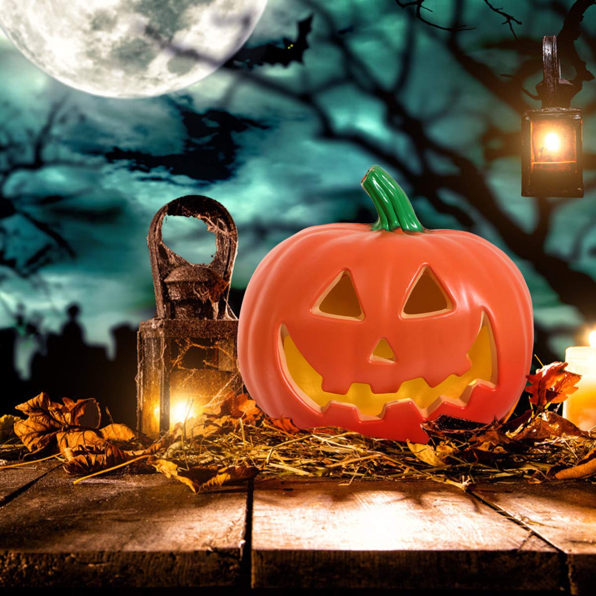 Halloween Pumpkin Light Jack-O-Lantern Figurine - Battery Operated LED Lights Lamp for Party, Home, Table, Desk & Outdoor Decor (Orange) - Perfect for Halloween Parties, Porch Displays & Spooky Nighttime Decorations
