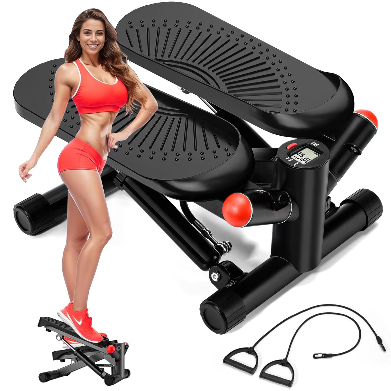 Upgraded Air-Powered Mini Stepper with Resistance Bands - 350lbs Capacity Portable Stair Stepper for Home Workout, Full Body Exercise Equipment for Cardio, Leg & Arm Toning | Perfect for Small Spaces, Office & Apartment Fitness