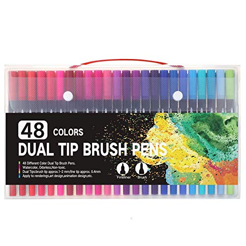 Cobaka 48 Colors Dual Tip Brush Pens Set - Fine & Brush Markers for Drawing, Painting, Watercolor, Calligraphy - Art Supplies for Artists, Students, Adult Coloring - Perfect for Sketching, Bullet Journaling, DIY Crafts (Black Case)