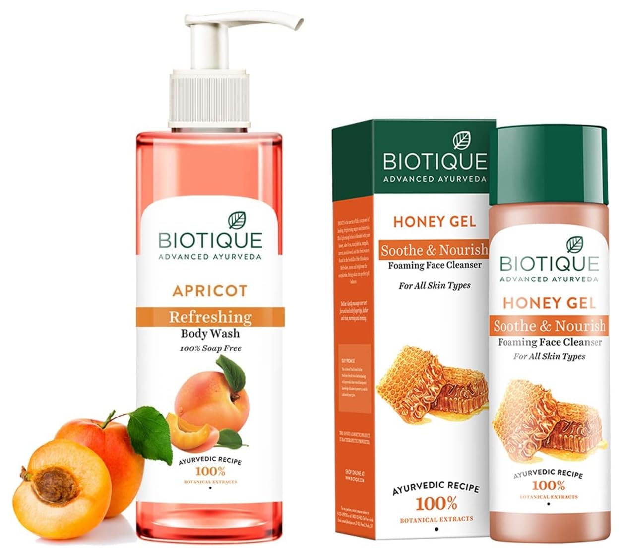 Biotique Bio Honey Gel Refreshing Foaming Face Cleanser 120ml & Apricot Body Wash 200ml - Natural Skincare Set for Glowing Skin - Perfect for Daily Face and Body Cleansing Routine