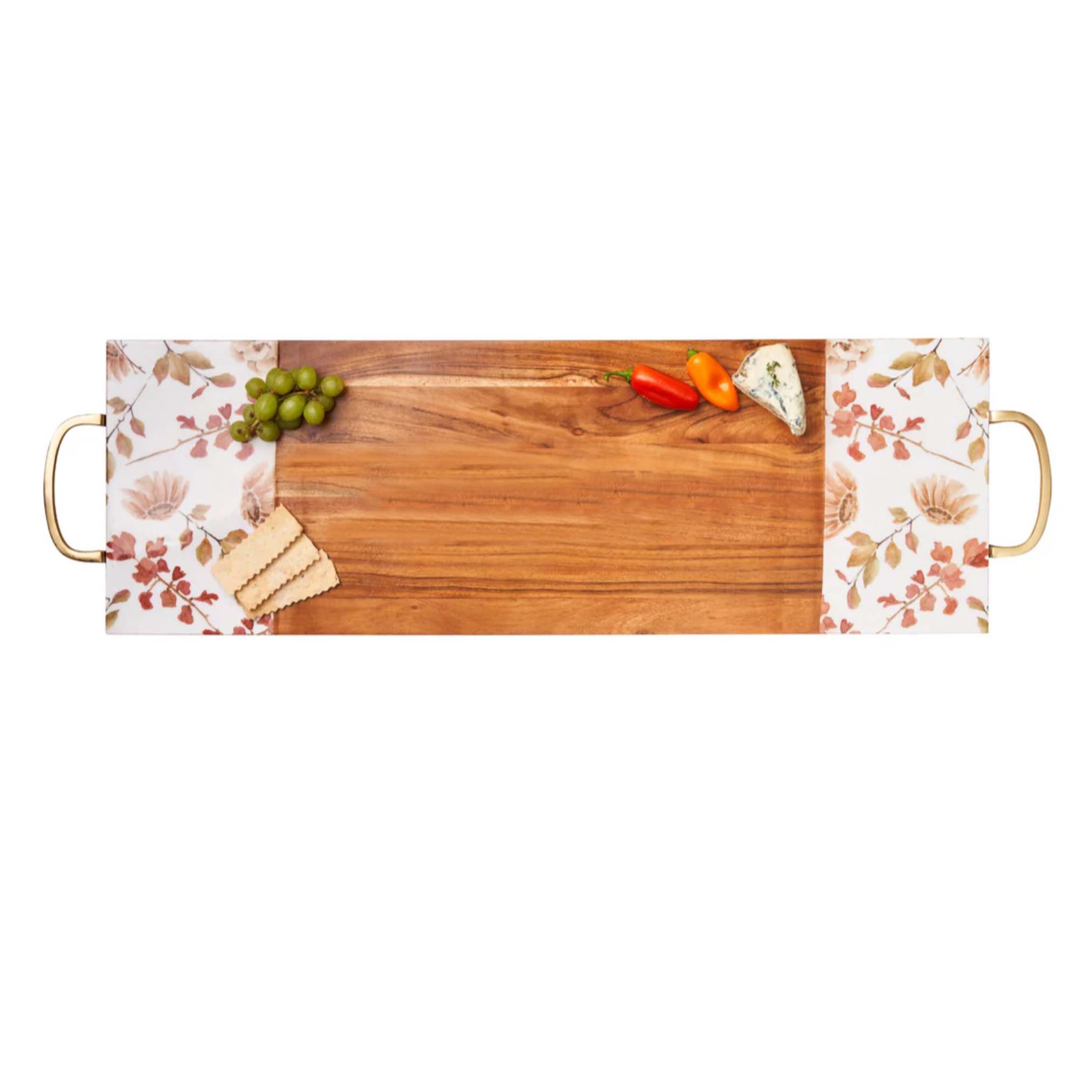 Antique Floral Pattern Acacia Wood Enamel Serving Tray with Gold Handles - 30
