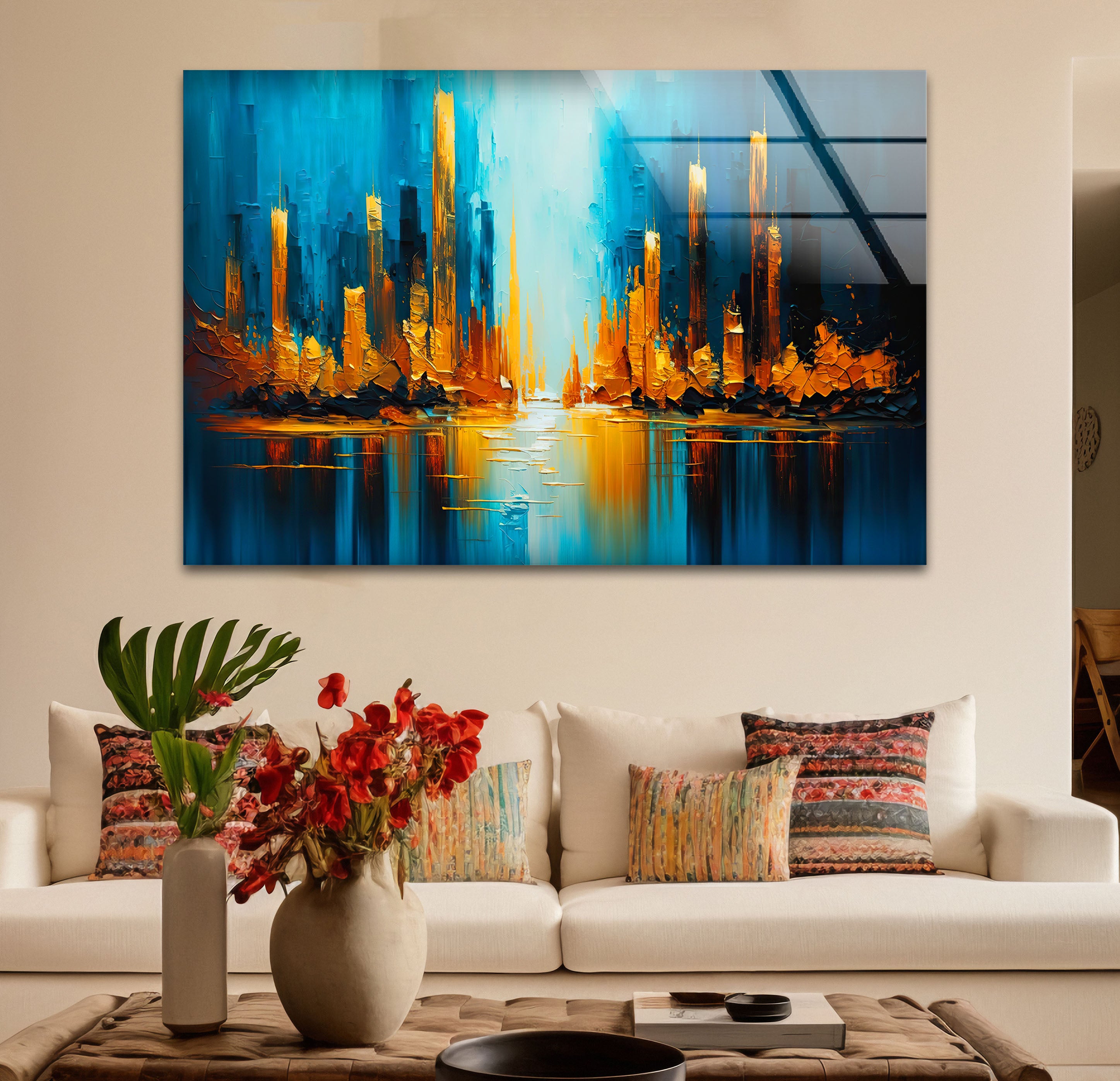 Blue and Gold Abstract City Wall Art - Vibrant Skyline Glass Print Canvas for Living Room & Office Decor | Modern Urban Landscape Painting