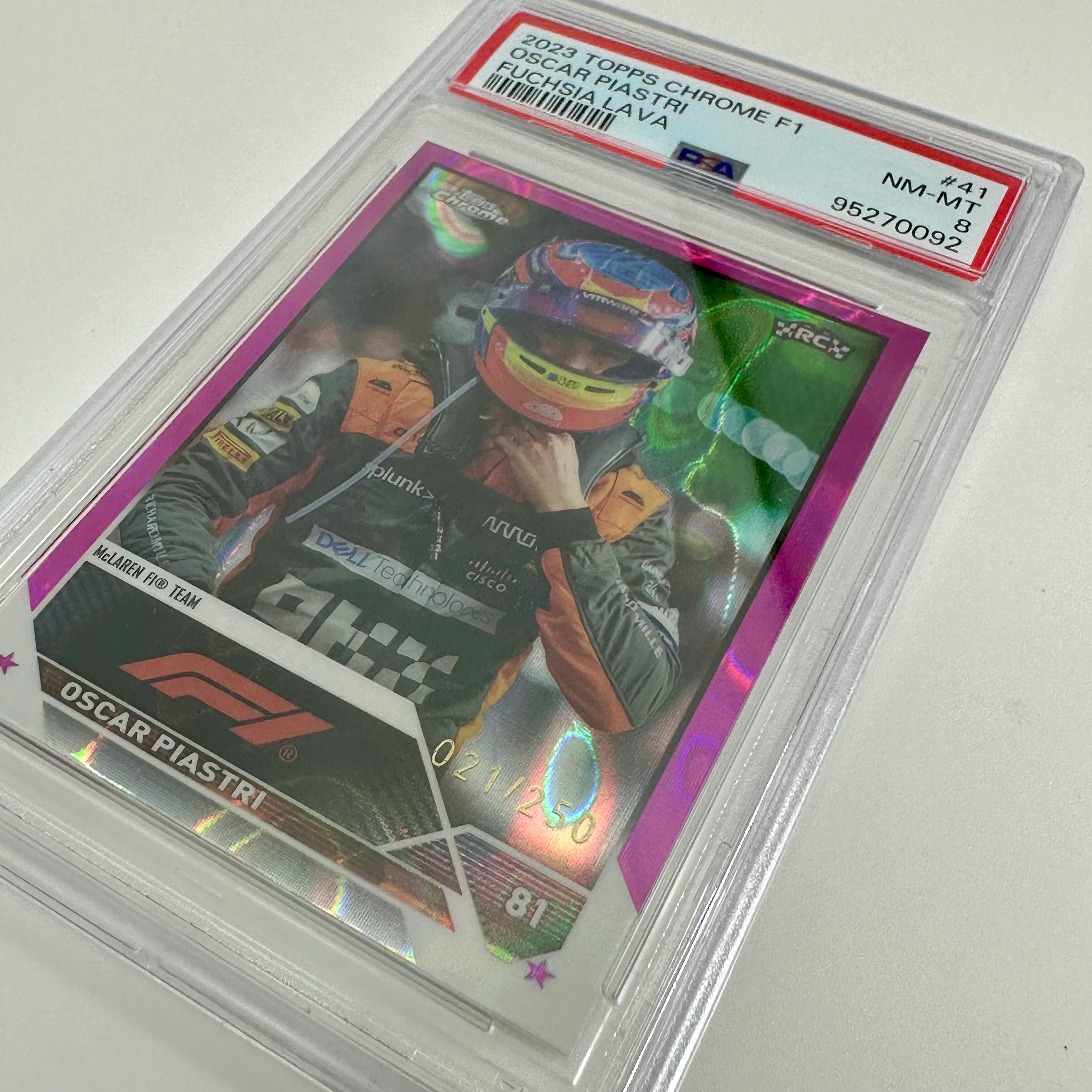 PSA 8 Oscar Piastri #41 Fuchsia Lava 2023 Topps Chrome F1 Rookie Card 021/250 - Collectible Racing Memorabilia for F1 Fans & Sports Card Enthusiasts