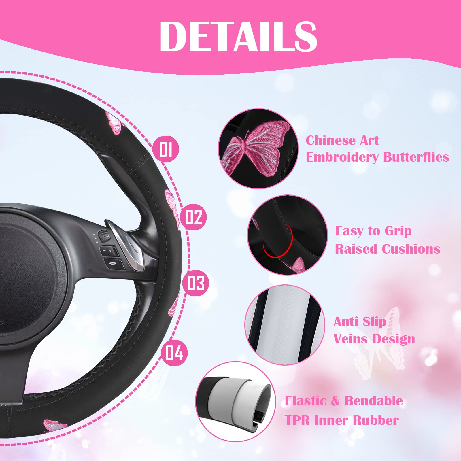 Universal Cloth Butterfly Car Seat Covers Full Set - Waterproof Embroidered Flower Car Floor Mats & Steering Wheel Cover - Black and Pink Interior Accessories for Sedan, SUV, Minivan | Perfect for Daily Commute, Road Trips & Car Protection