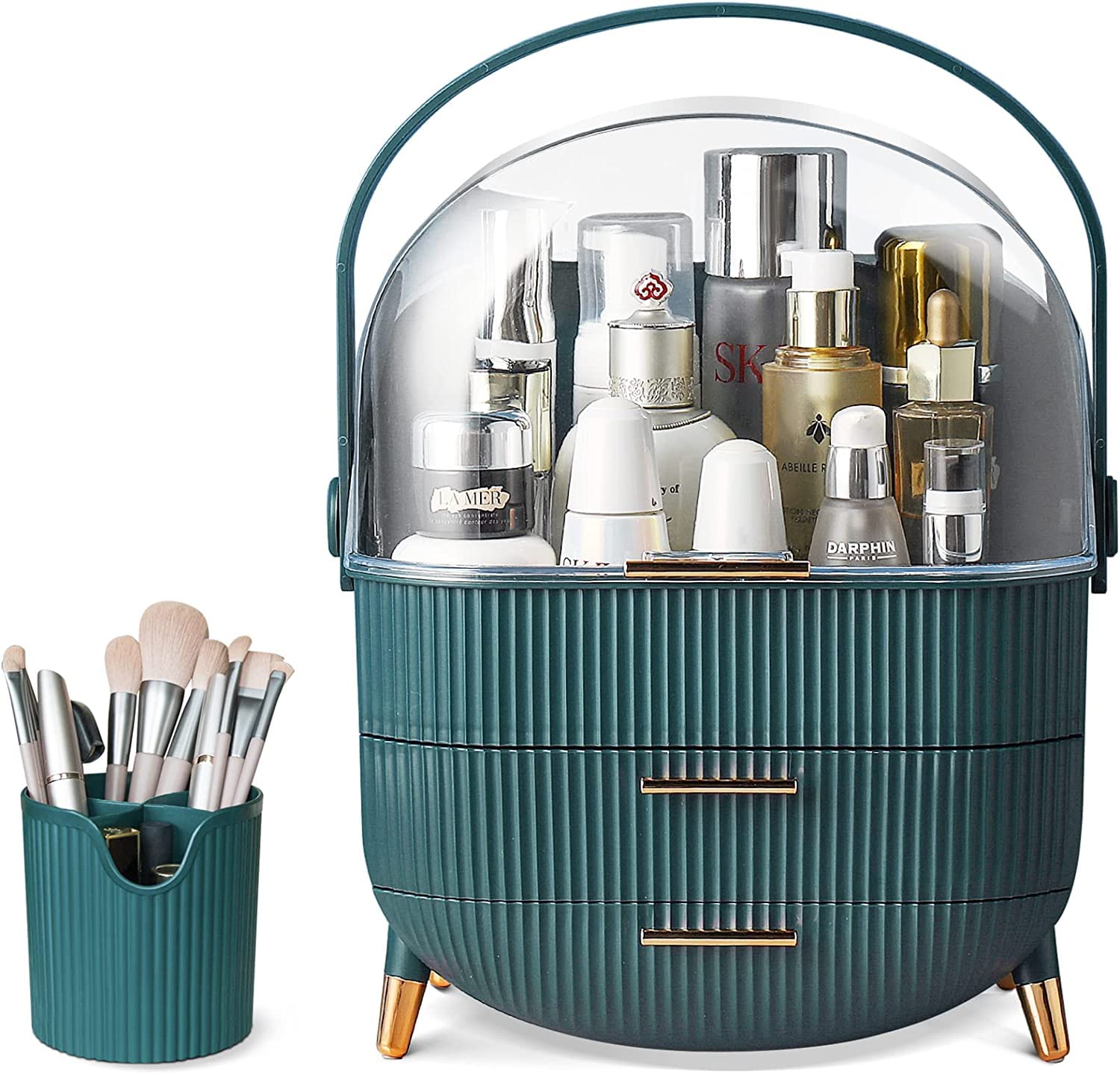 Makeup Organizer & Cosmetic Storage Case with Brush Holder - Lipstick & Skincare Display for Bathroom Countertop, Bedroom Vanity Desk & Travel - Compact & Stylish Green Beauty Organizer for Daily Makeup Routine & Travel Essentials