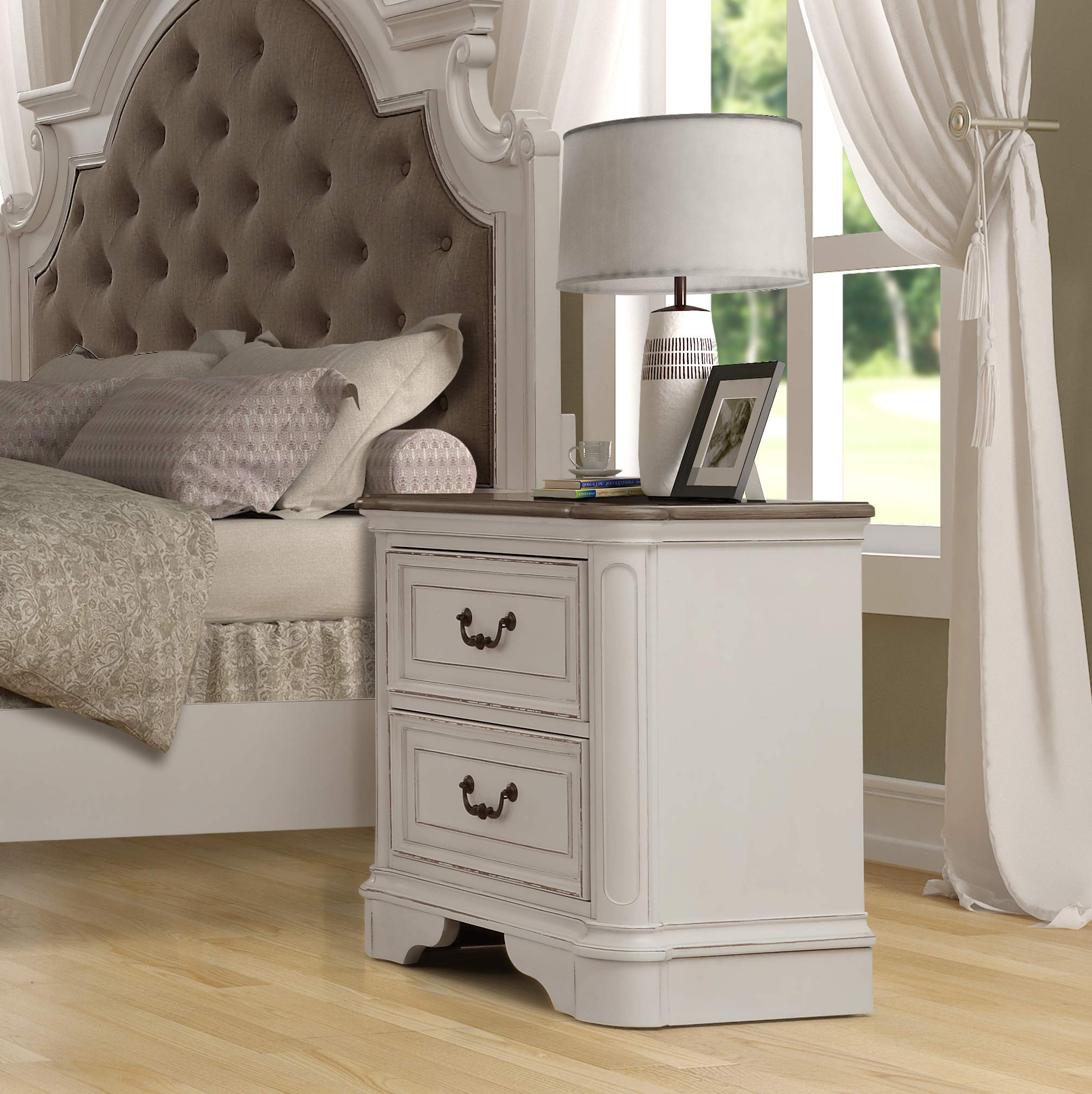 Roundhill Furniture Laval Wood 2-Drawer Nightstand in Antique White & Oak - Perfect for Bedroom, Living Room, or Office Storage