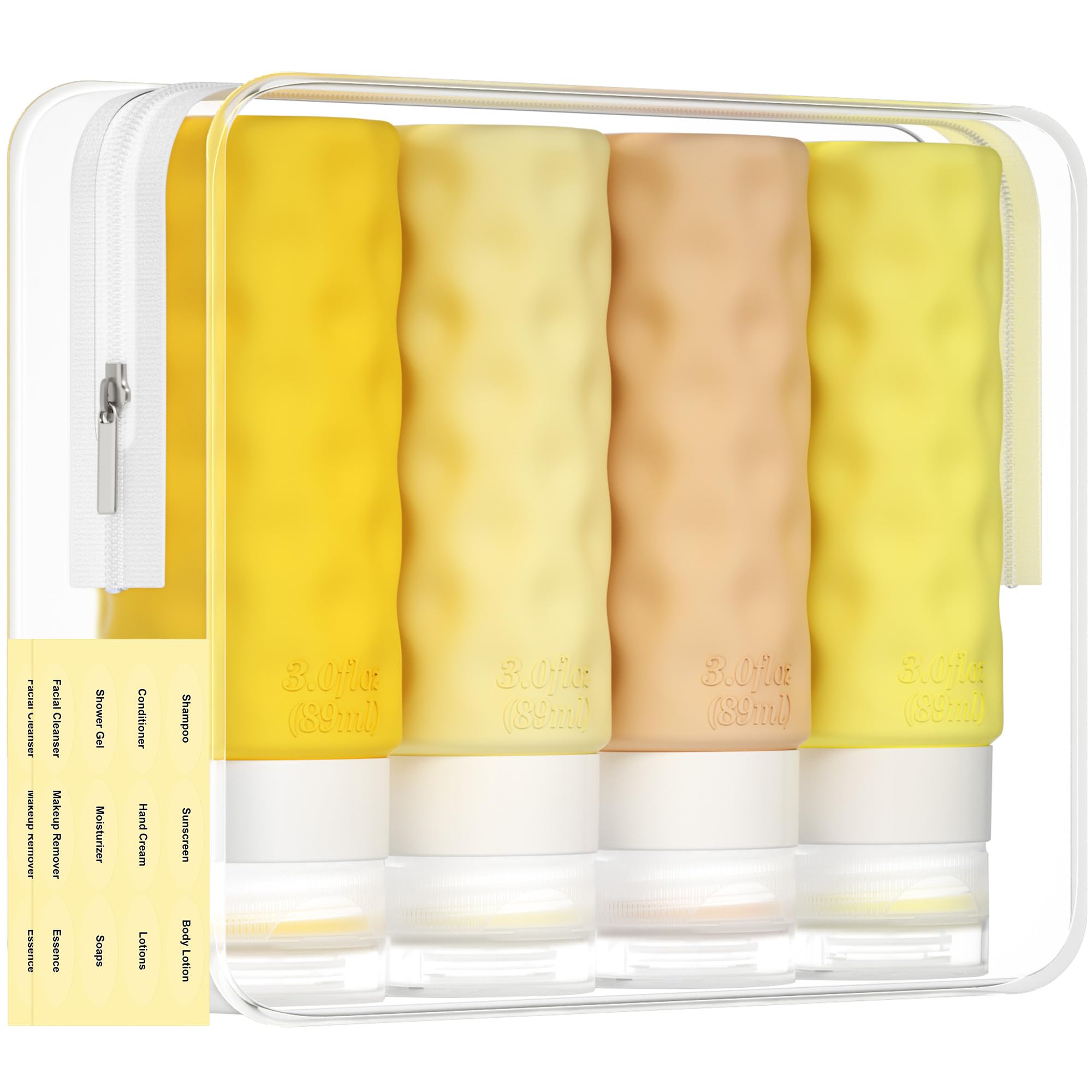 Morfone 3oz TSA Approved Silicone Travel Bottles Set - BPA Free Leak Proof Squeezable Toiletry Containers with Travel Bag & Labels (Yellow) - Perfect for Airplane Carry-on, Vacation Essentials & Cosmetic Storage