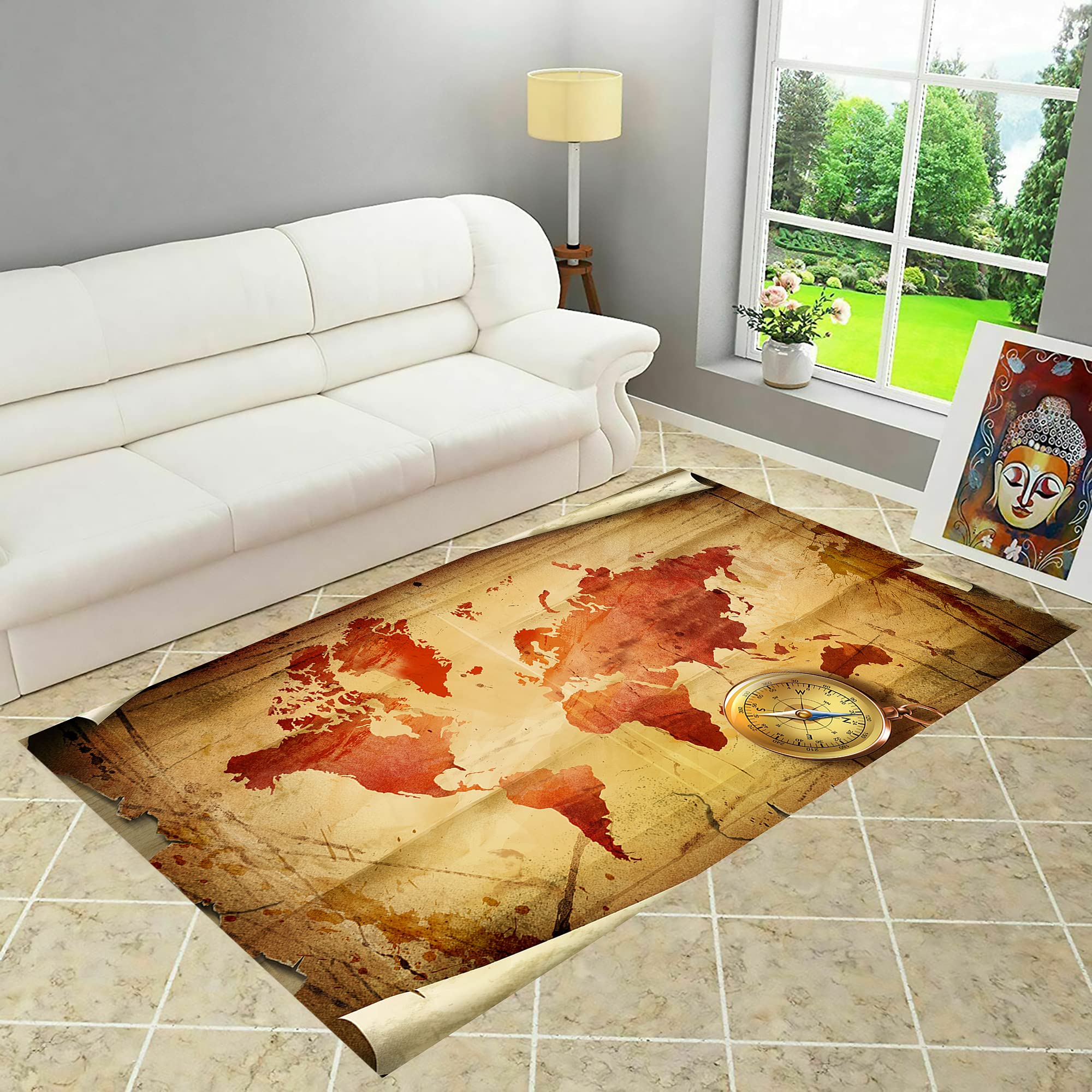 Compass Patterned Rug - Non-Slip Area Rug for Living Room & Kids Room - 47x70 Inch (120x180cm) Themed Home Decor - Perfect Gift for Travel Lovers & Nursery Decor