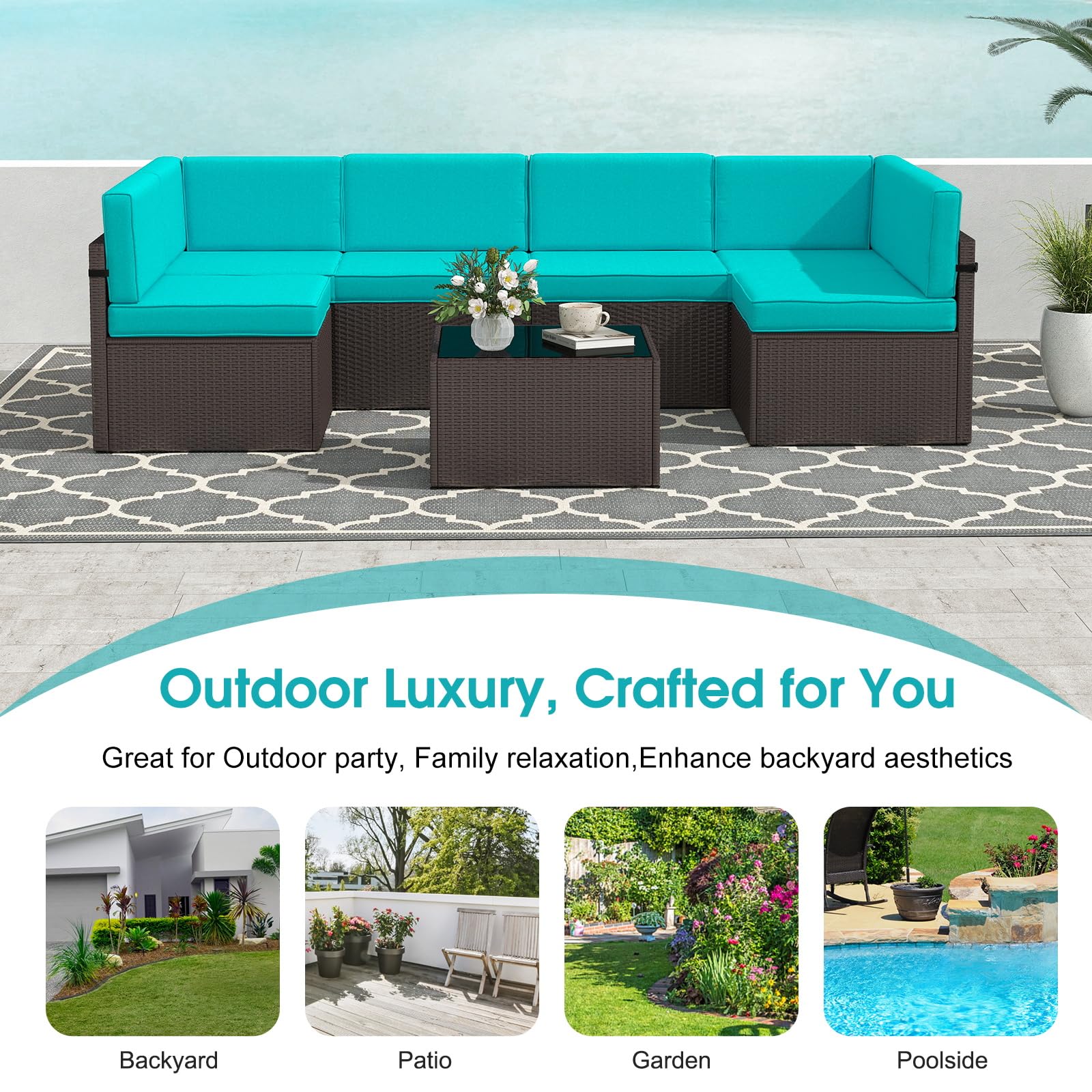 Kinbor 7-Piece Outdoor Furniture Set - Waterproof PE Wicker Patio Sofa with Cushions for Backyard, Poolside & Porch in Turquoise | Perfect for Relaxing, Entertaining & Outdoor Dining