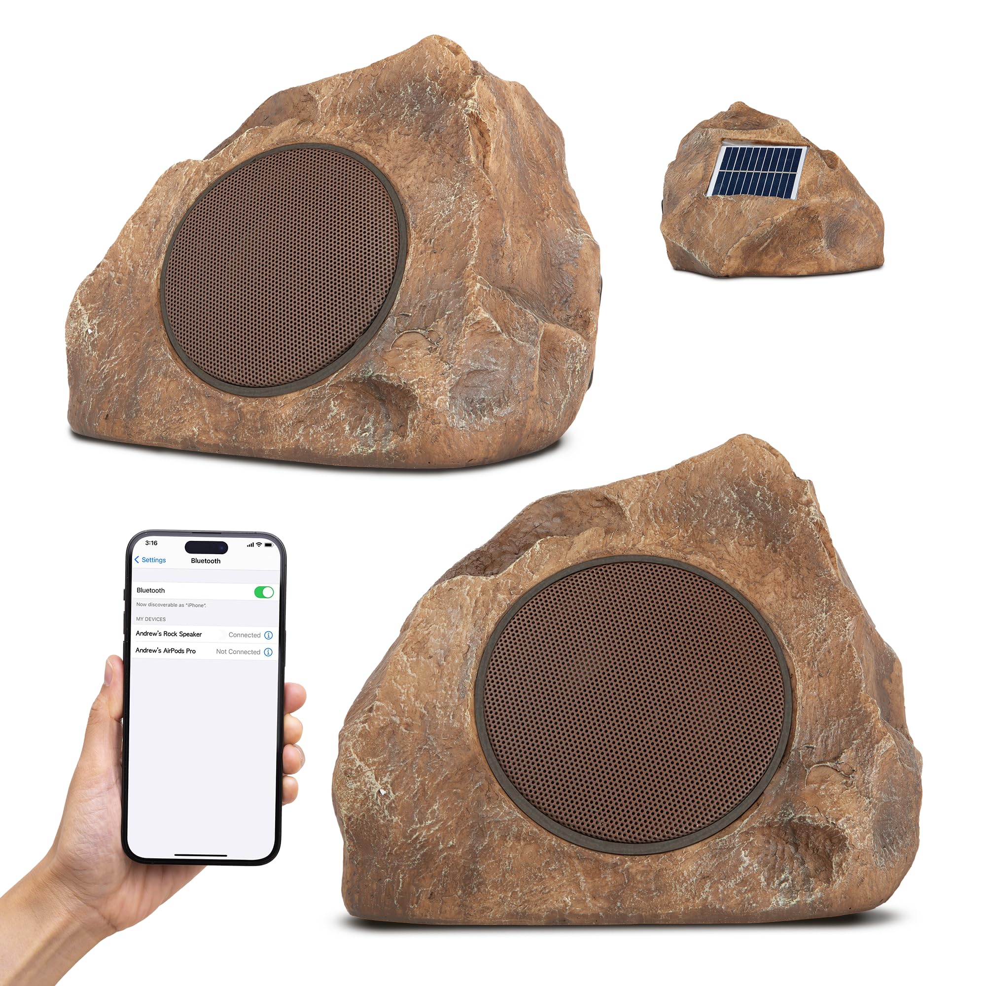 Homewell Solar Rock Speakers - Outdoor Waterproof Bluetooth Wireless Speakers - Weatherproof Landscape Speakers for Pool, Patio, Deck, Backyard, Garden - Year Round Outdoor Use - Perfect for Parties, Camping, and Beach Gatherings (2-Pack, Brown)