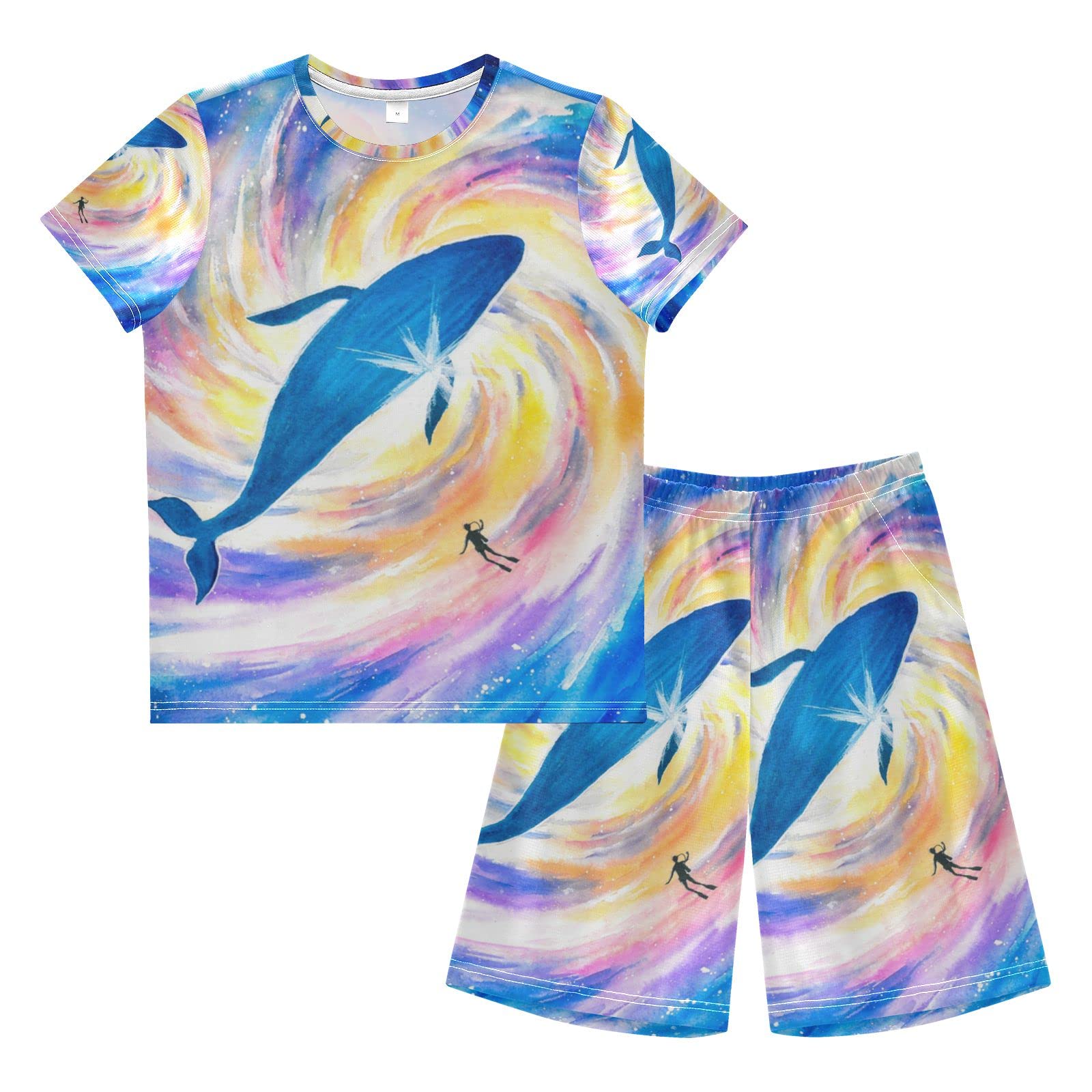 Whale Watercolor Print Boys Summer Outfits - Cute Shorts & Top Playwear Set for Toddlers & Kids (Pink) | Beach, Park & Playdate Clothes