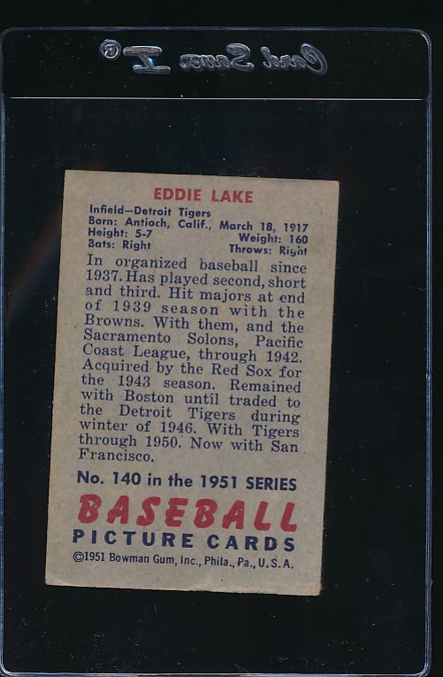 1951 Bowman #140 Eddie Lake Baseball Card VG 12102 - Vintage Sports Memorabilia for Collectors & Fans
