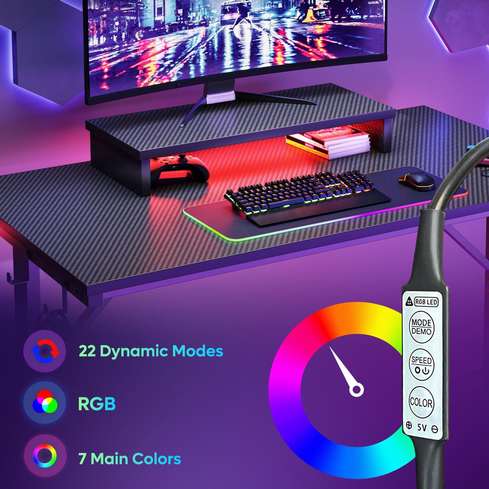 Bestier 42 Inch Gaming Desk with LED Lights - Small Computer Desk with Monitor Shelf & Headphone Hook - Black Carbon Fiber Texture Gaming Table for Kids & Teens - Perfect for PC Gaming, Streaming & Home Office Setup