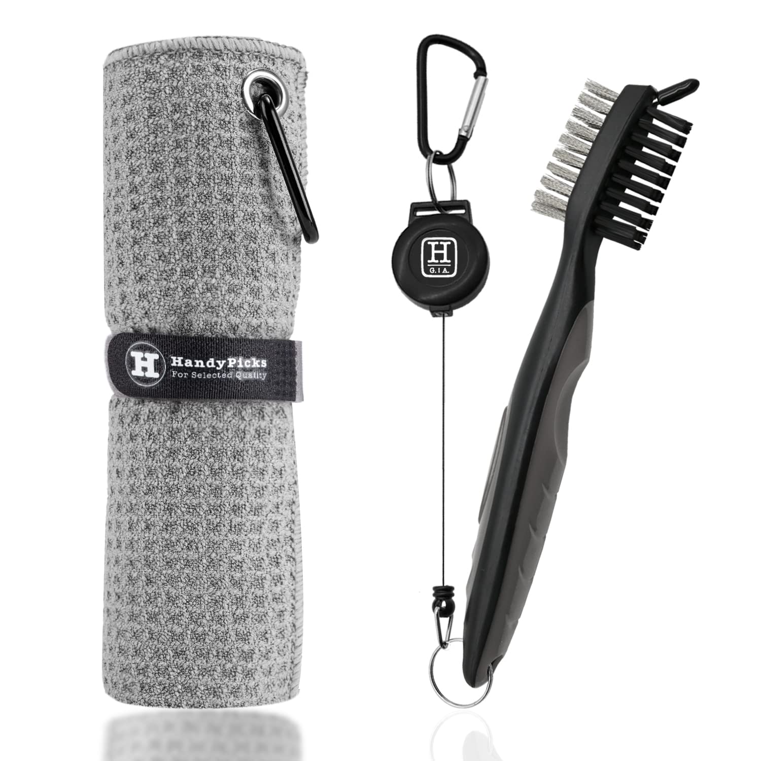 Premium Microfiber Golf Towel with Waffle Pattern & Carabiner Clip | Golf Club Brush with Groove Cleaner | Retractable Golf Accessories Kit (Grey) | Perfect for On-Course Cleaning & Club Maintenance