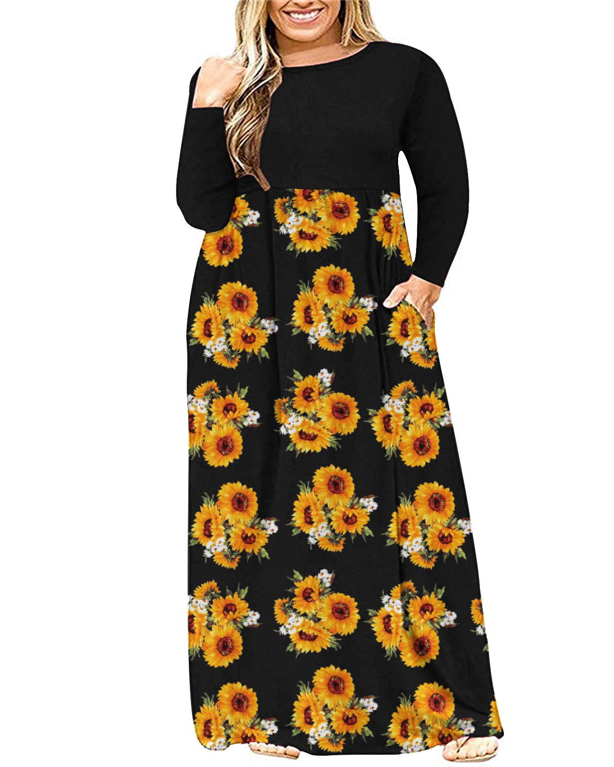 KARALIN Women's Plus Size Long Sleeve Maxi Dress - Loose Fit Casual Plain Design with Pockets | Perfect for Everyday Wear, Office, Travel & Special Occasions
