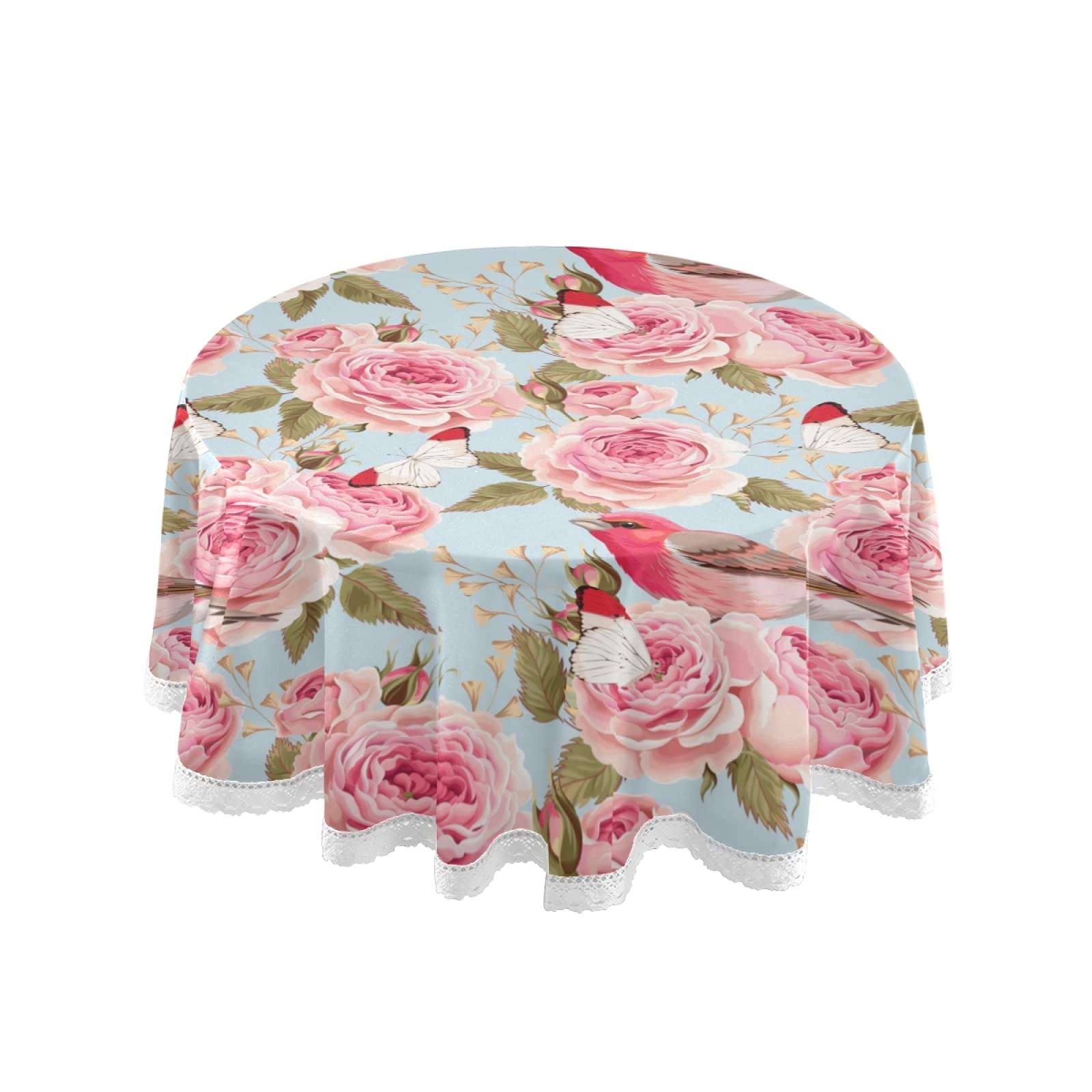60 Inch Round Floral Tablecloth - Washable Polyester Spring Rose & Bird Design, Teal Circular Table Cover for Kitchen, Dining, Party & Picnic Decor | Perfect for Outdoor Gatherings and Seasonal Home Decoration