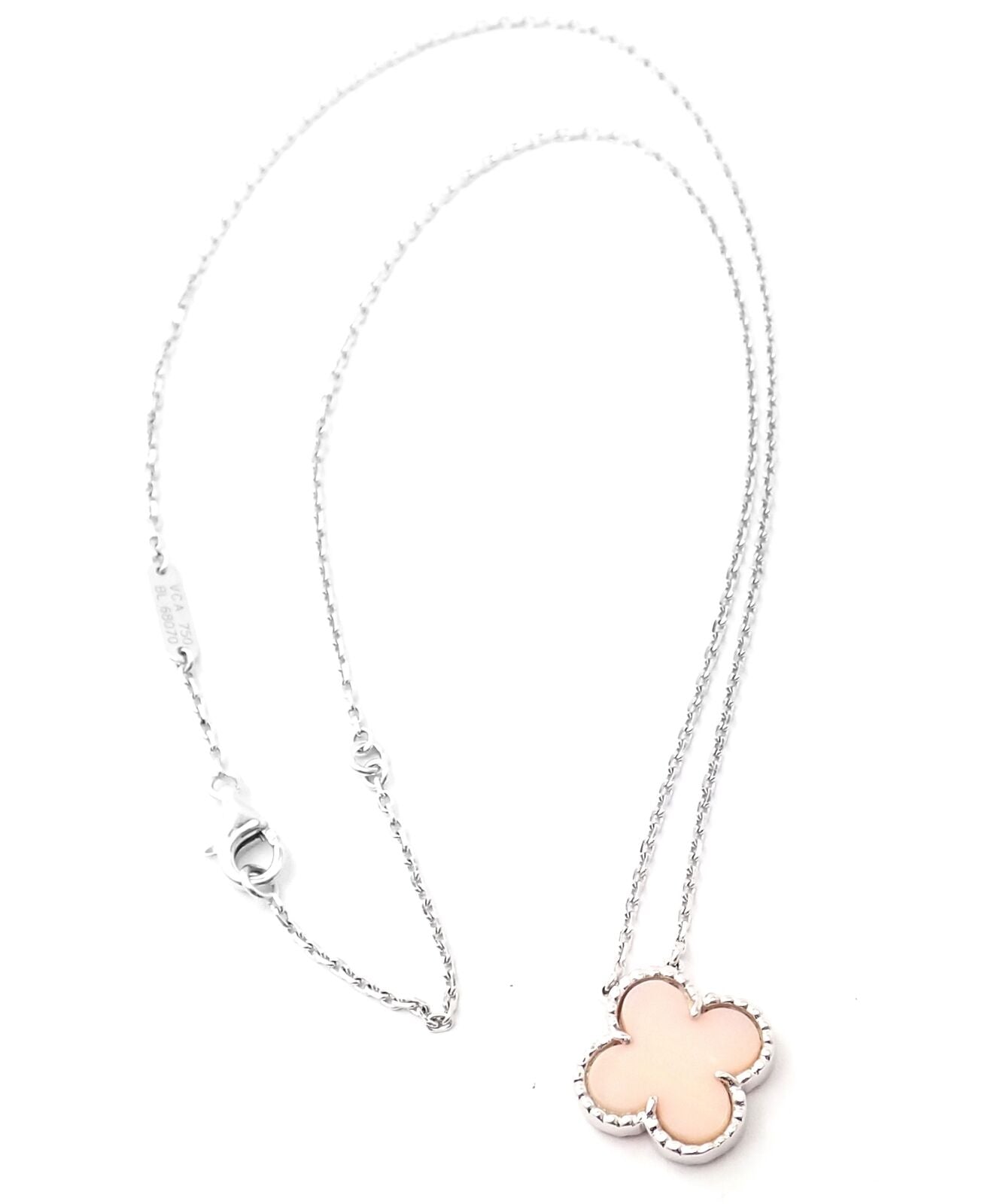 Authentic Van Cleef & Arpels Alhambra 18k White Gold Pink Opal Pendant Necklace - Luxury Jewelry for Women, Perfect for Weddings, Anniversaries & Special Occasions