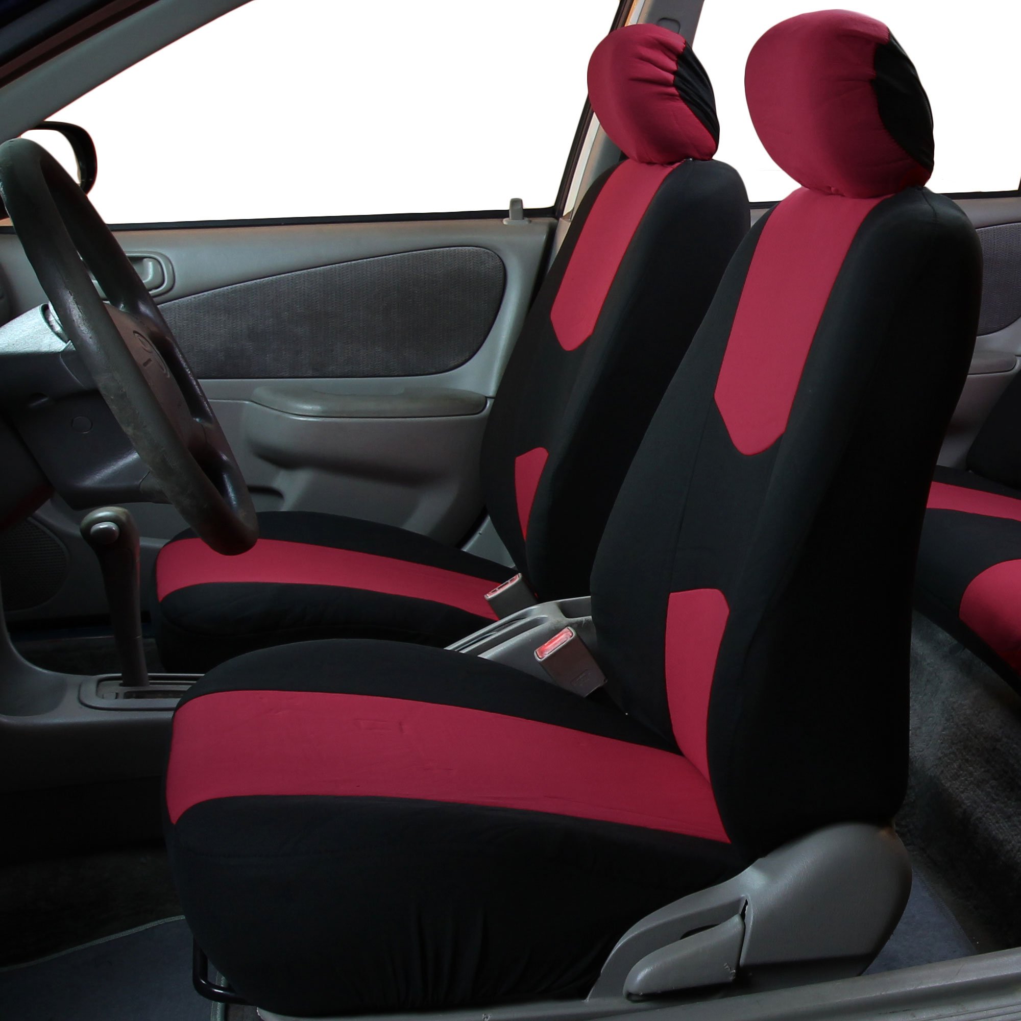 FH Group Universal Flat Cloth Car Seat Covers Full Set - Front Seats & Rear Bench, Burgundy Red, Gift Included | Perfect for Cars, Trucks & SUVs | Great for Daily Commute, Road Trips & Protecting Your Vehicle Interior
