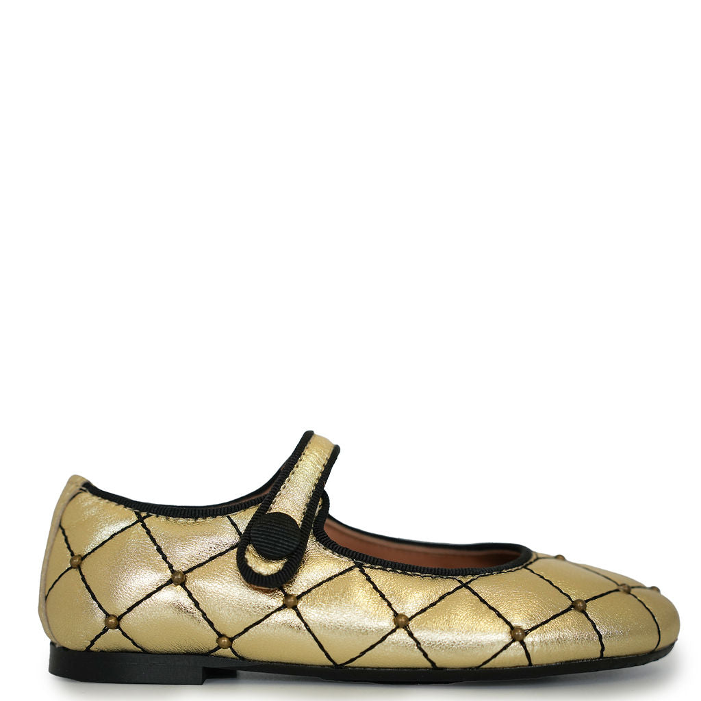 Papanatas Gold Quilted Stud Mary Jane Shoes - Elegant Women's Heels for Parties, Weddings & Special Occasions