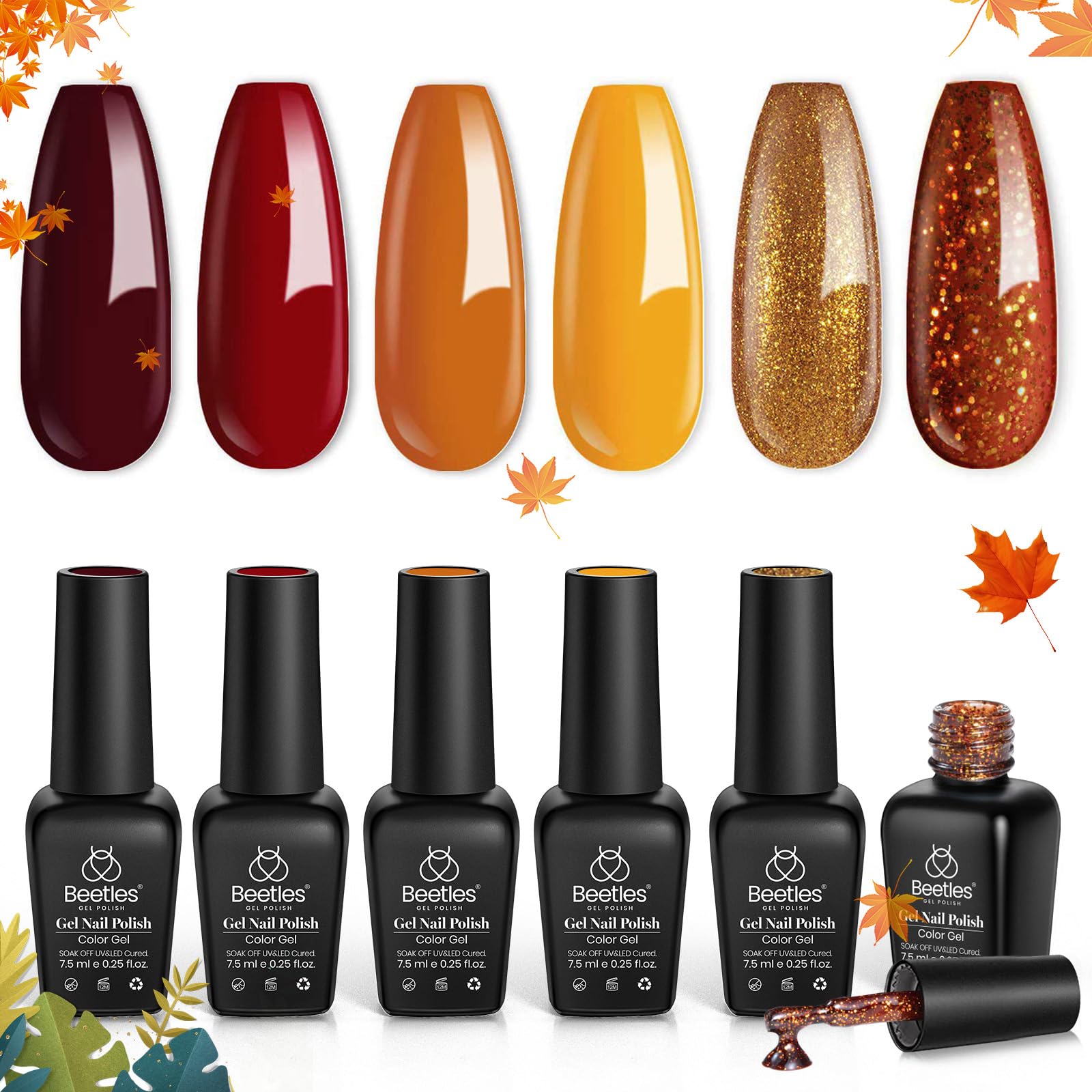 Beetles Gel Nail Polish Set - 6 Colors Red Orange Glitter Soak Off LED Gel Polish Kit with Nail Art Tools | DIY Manicure at Home, Salon Quality Nails for Holidays, Parties & Special Occasions | Perfect Gift for Women