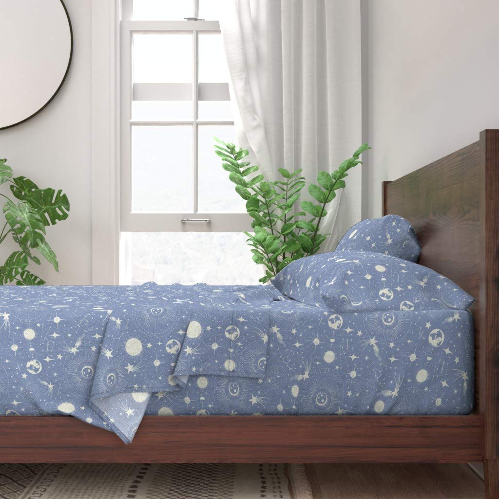 Solar System Print 100% Cotton Twin 3-Piece Bedding Set - Periwinkle Blue Space Theme with Celestial Constellations for Kids Room & Astronomy Lovers