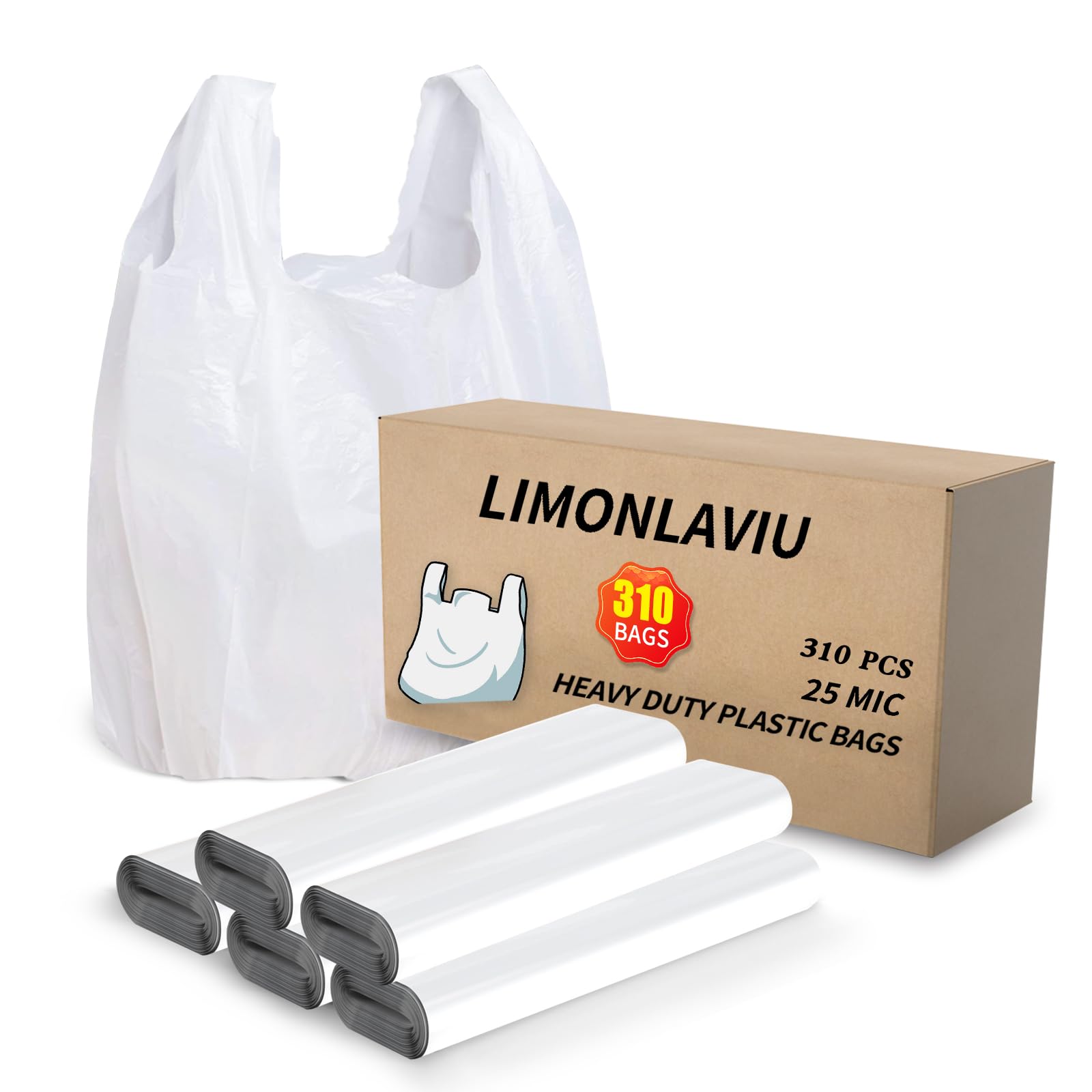 LimonLaviu 310 Count Heavy Duty Plastic Bags with Handles (25 Microns/1 Mil) - 11.5”x6.5”x21” White T-Shirt Grocery Bags for Small Business, Restaurants & Retail Stores | Bulk Shopping Bags for Groceries, Takeout & Retail Packaging