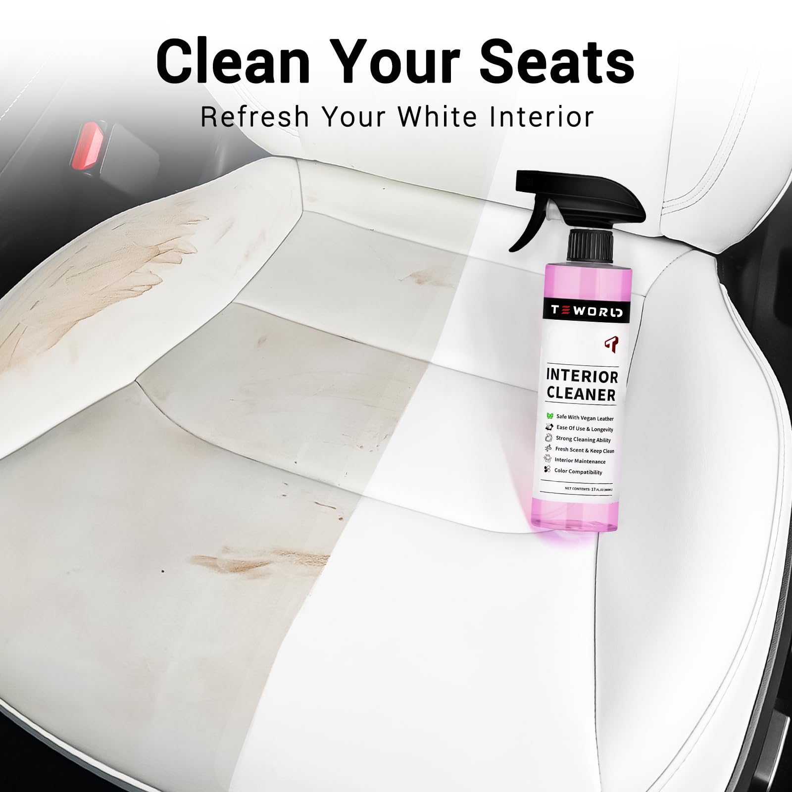 Tesla Seat Cleaner & Stain Remover - Biodegradable & Safe for White & Black Vegan Leather | Interior Cleaning for Tesla Model 3/Y/S/X Seats, Console & Dashboard | 2025 Tesla Accessories | Perfect for Daily Cleaning & Road Trips