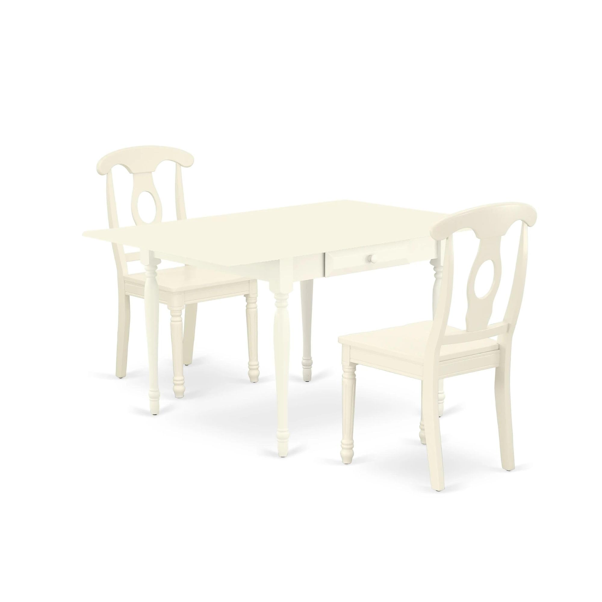 East West Furniture MZKE3-LWH-W 3-Piece Kitchen Table & Chairs Set - 36x54 Inch Rectangle Drop Leaf Dining Table with 2 Matching Chairs in Linen White | Perfect for Small Spaces, Breakfast Nooks & Cozy Dining Areas