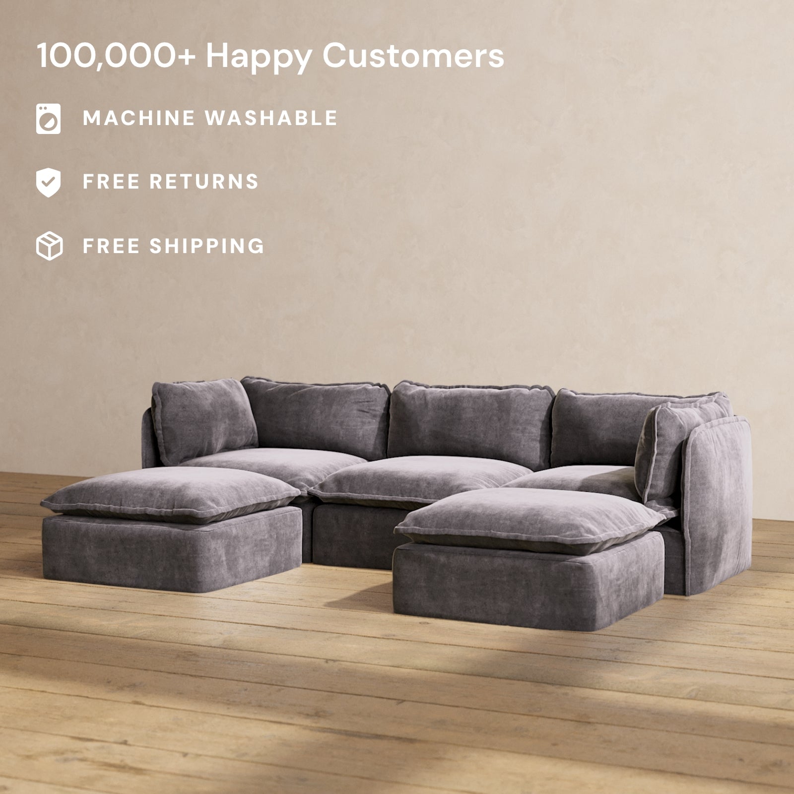 Modular Performance 3-Seater U-Shaped Sectional Sofa in Cinder Gray | Premium Relaxed Blend Fabric | Perfect for Living Room, Family Room & Home Theater