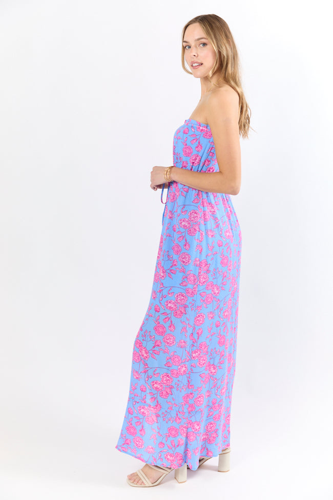 Floral Print Strapless Maxi Dress - Blue & Pink Summer Beach Dress for Women | Perfect for Vacations, Weddings & Outdoor Parties