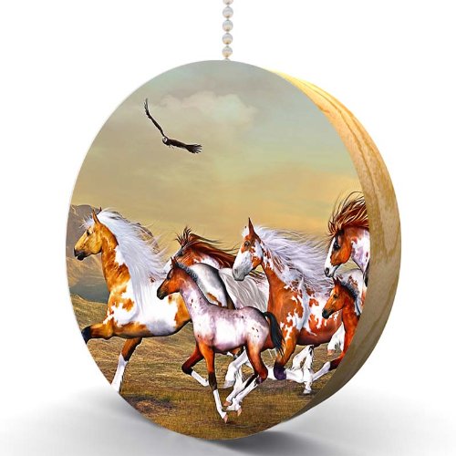 Hardwood Oak Fan Pull - Wild Running Horses Design for Home Decor