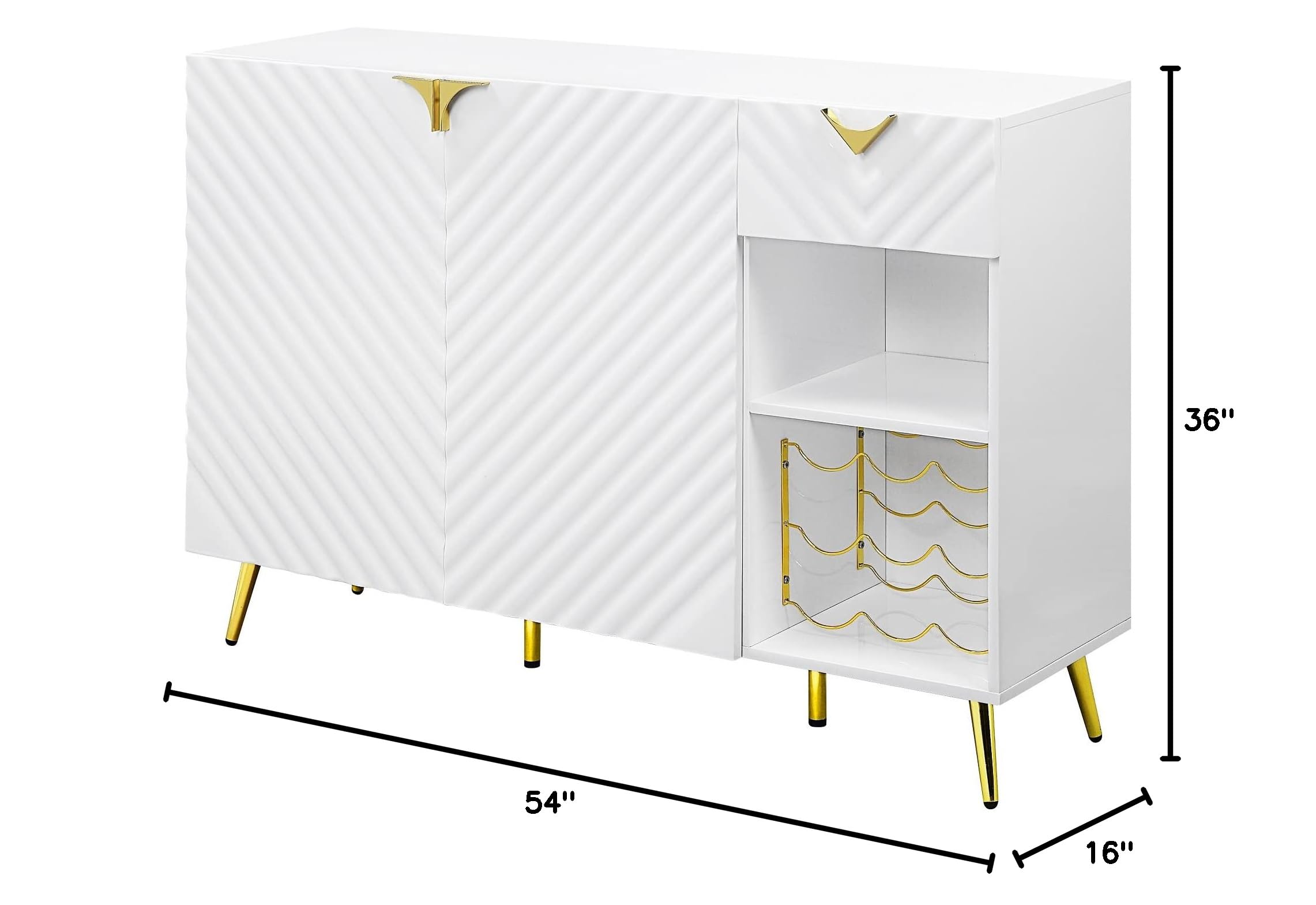 Elountik Gaines Kitchen Buffet Server Sideboard with Storage Cabinet, Wine Rack, Shelves & Drawer - White High Gloss Finish with Gold Legs - Perfect for Dining Room, Living Room or Kitchen Storage Organization