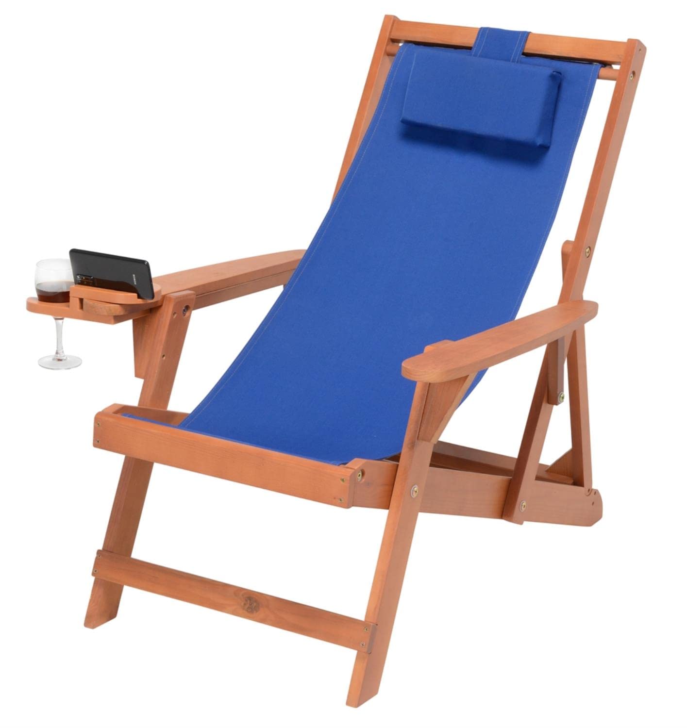 W Unlimited Romantic Walnut Wood & Canvas Sling Chair with Cup & Wine Holder - Perfect for Patio, Garden, Poolside & Backyard Relaxation