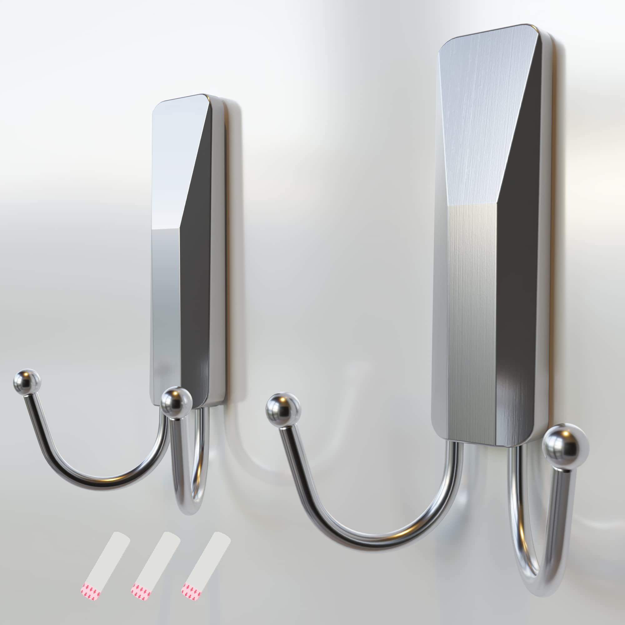 RICHER HOUSE Silver Double Wall Hooks - 2 Pack Heavy Duty Adhesive Hooks with 3M Strips, No Damage Removable Hanging Hooks for Coat, Towel, Hat, Keys - Perfect for Bathroom, Kitchen, Entryway Organization