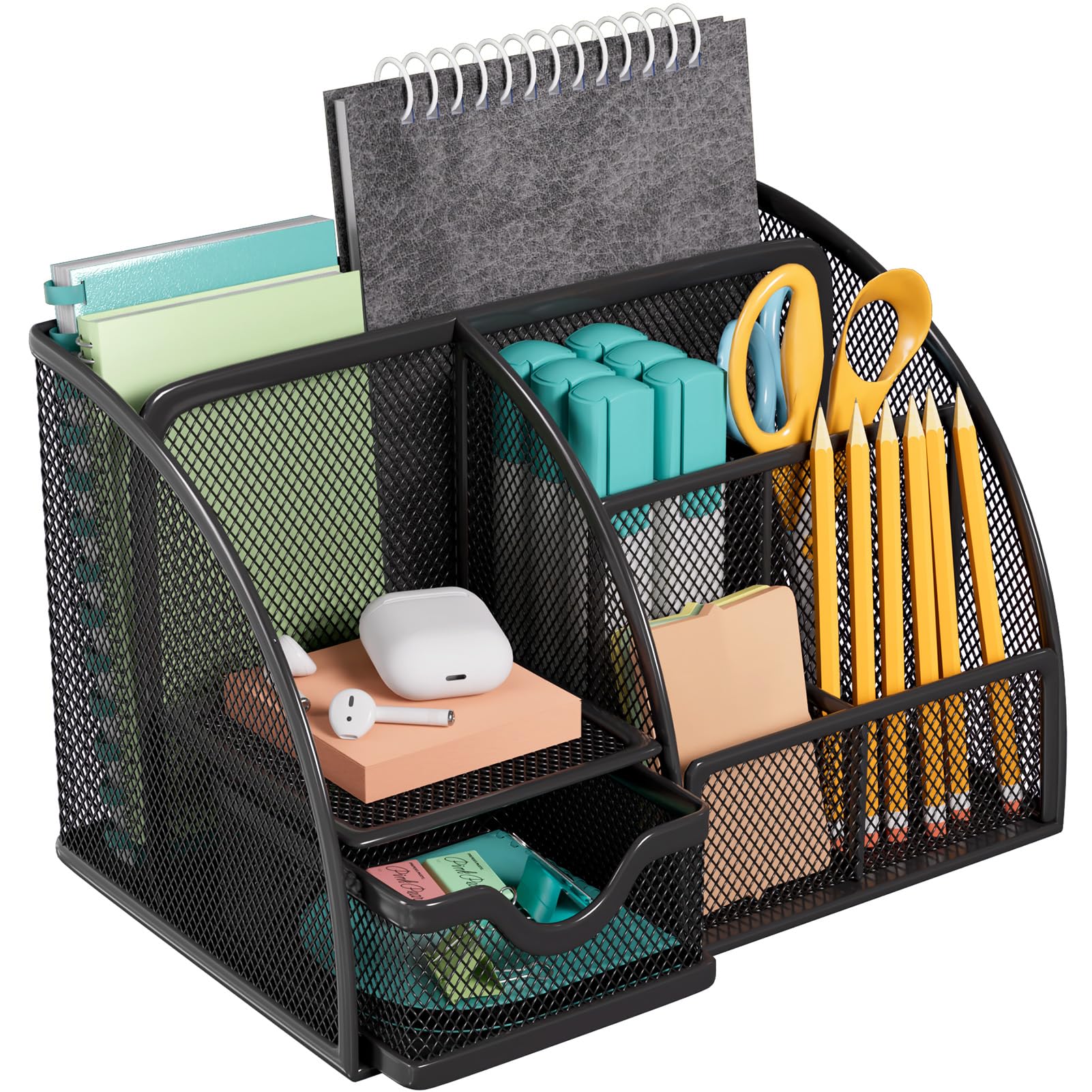 MaxGear 6-Compartment Metal Mesh Desk Organizer with Drawer - Black Office Pen Holder & Stationery Caddy with Non-Slip EVA Base (8.7