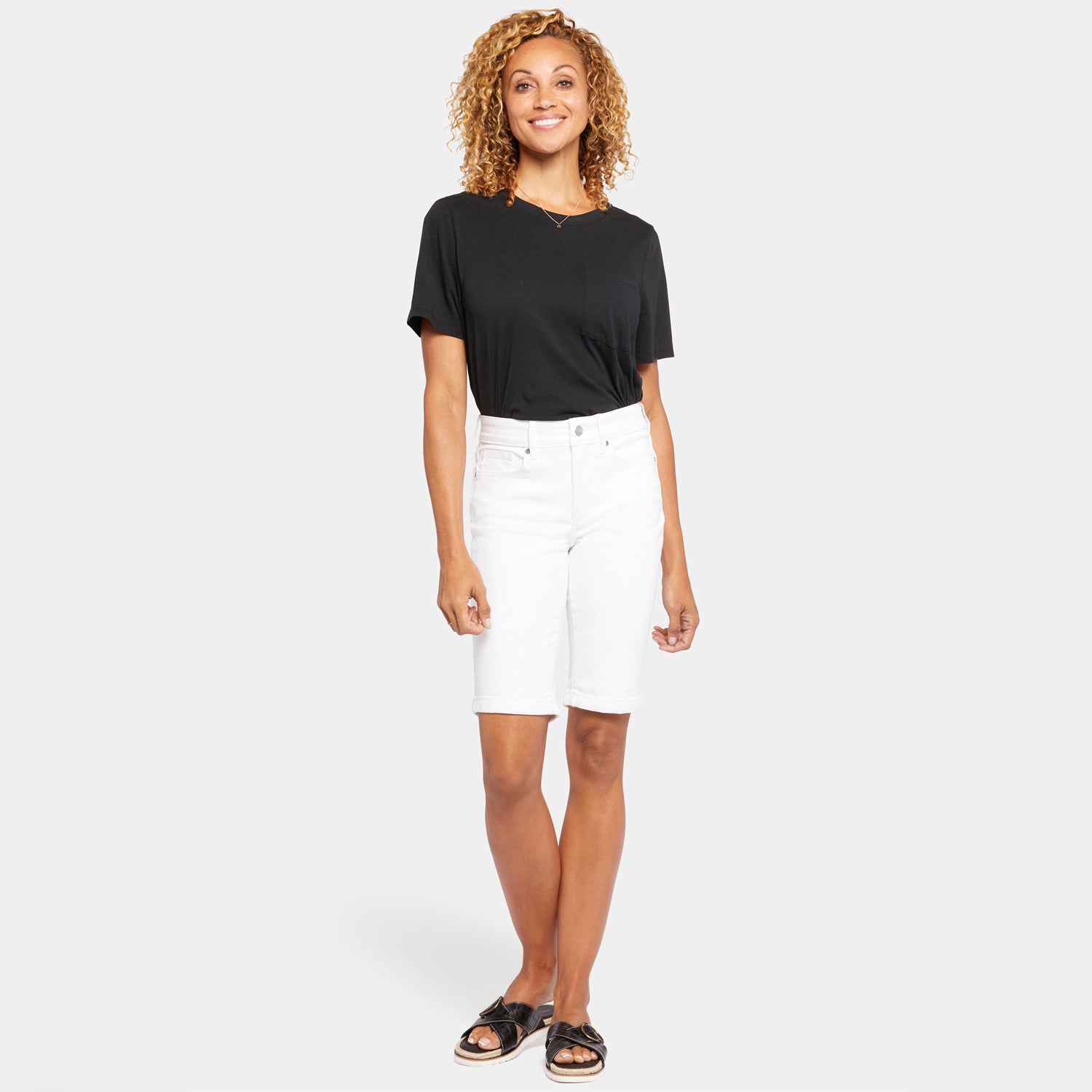 Briella Women's 10 Inch Denim Shorts - Petite Size High Waisted Distressed Denim Shorts in Optic White | Perfect for Summer, Beach, and Casual Outfits