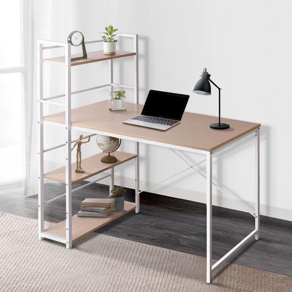 Premium Henderson 1200mm White Metal Desk with Oak Top & Storage Shelves - Perfect for Home Office, Study Room & Workspace Organization