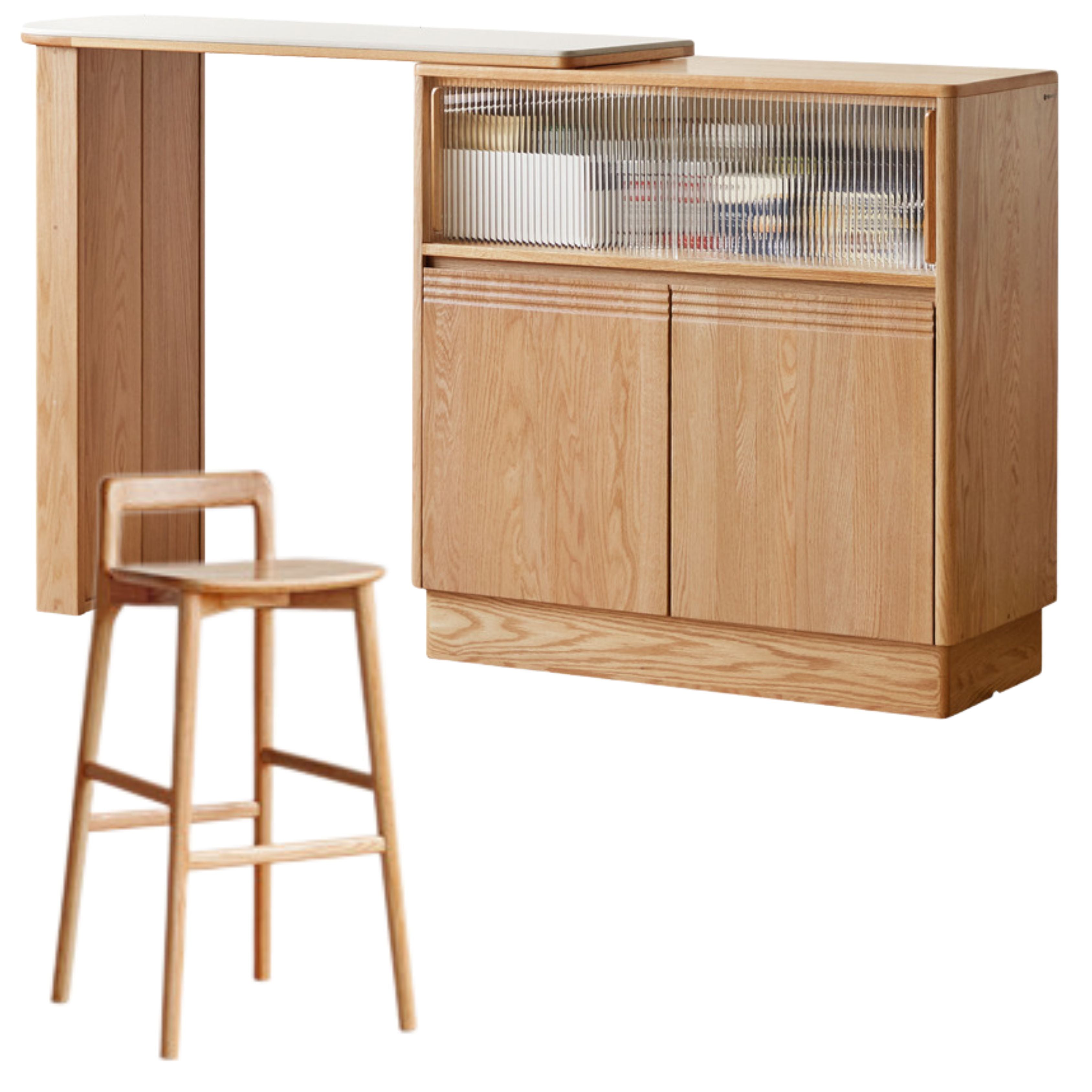 39.4x17.7x39.4 inch / 100x45x100сm / + 47.2x17.7x40.9 inch / 120x45x104.2сm / Natural Wood Color/ partition cabinet + table + bar chair * 2