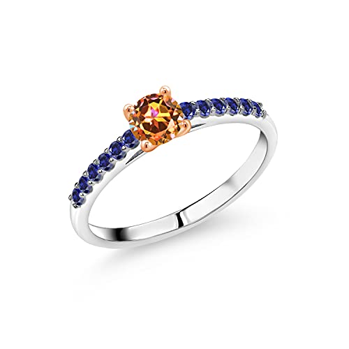 1.24 Ct Mystic Topaz & Blue Created Sapphire 10K White Gold Ring with Rose Gold Prongs | Gem Stone King | Elegant Jewelry for Weddings, Anniversaries & Special Occasions