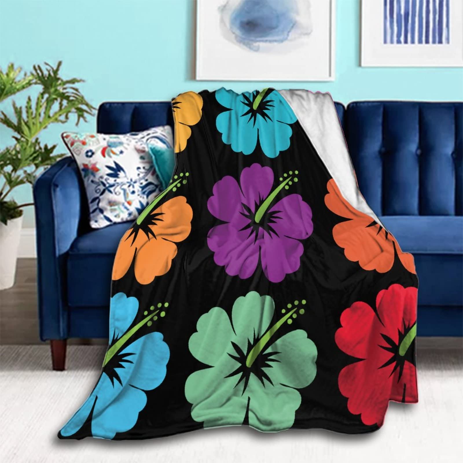 Soft & Warm Hawaiian Hibiscus Fleece Throw Blanket - 80x60 Inch Lightweight Cozy Blanket for Couch, Sofa & Bed - Perfect for Home Decor, Gift Giving & Winter Snuggling