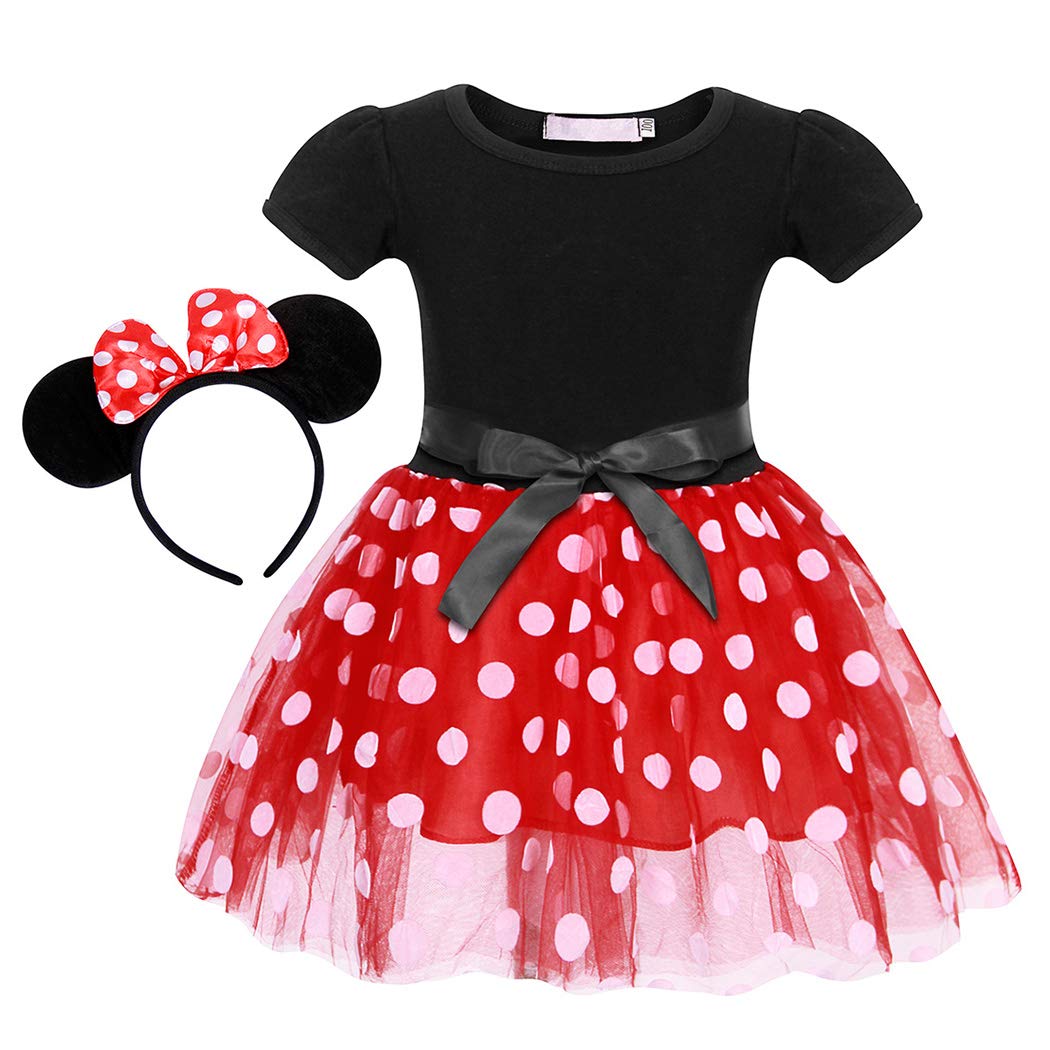 WonderBabe Toddler Girl Polka Dot Princess Dress Costume with Ears Headband - Christmas Birthday Party Outfit for Kids, Halloween Dress Up, Photo Shoot & Special Occasions